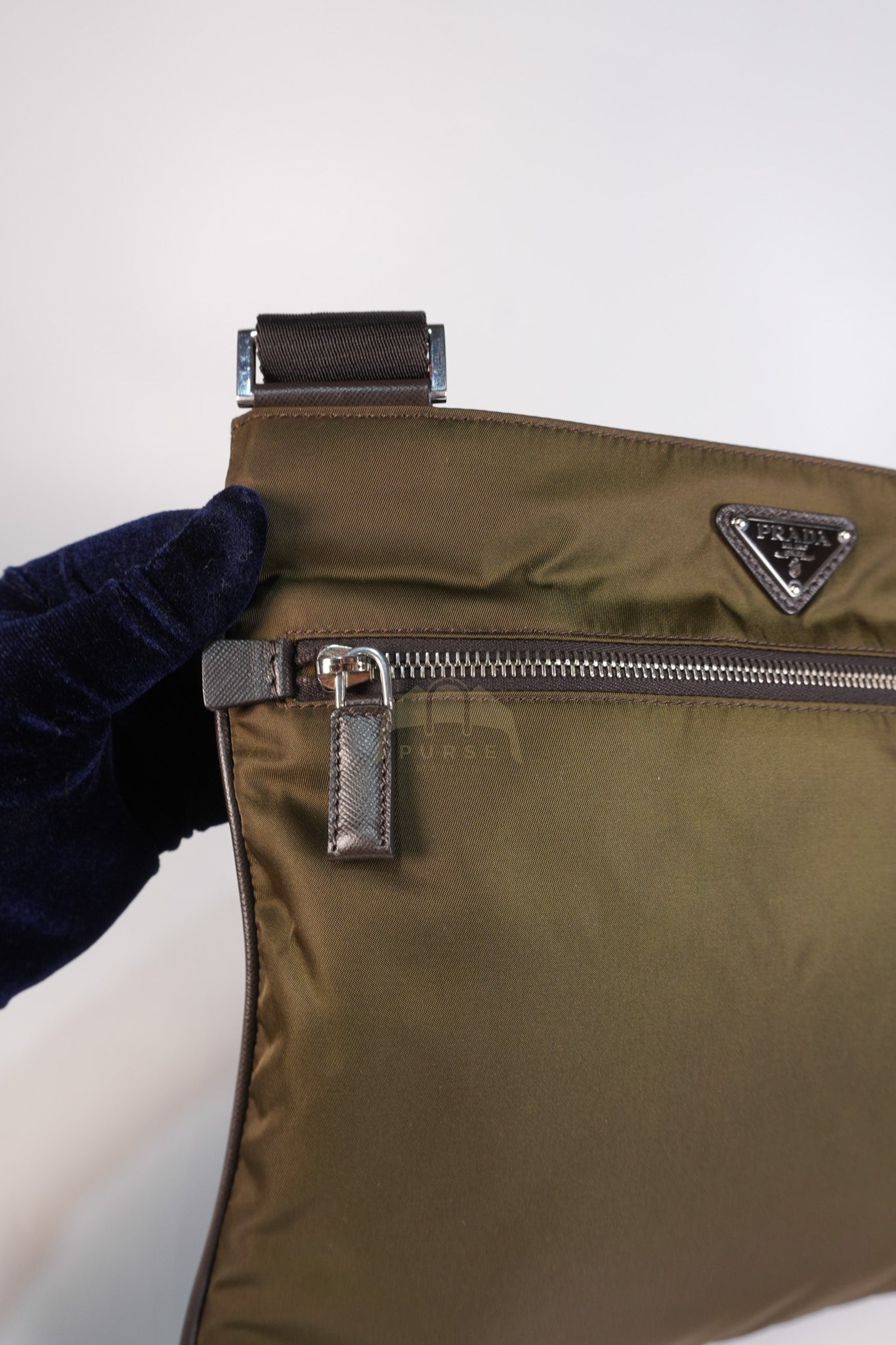 Messenger Bag in Olive Green Tessuto Nylon Canvas & Silver Hardware | Purse Maison Luxury Bags Shop