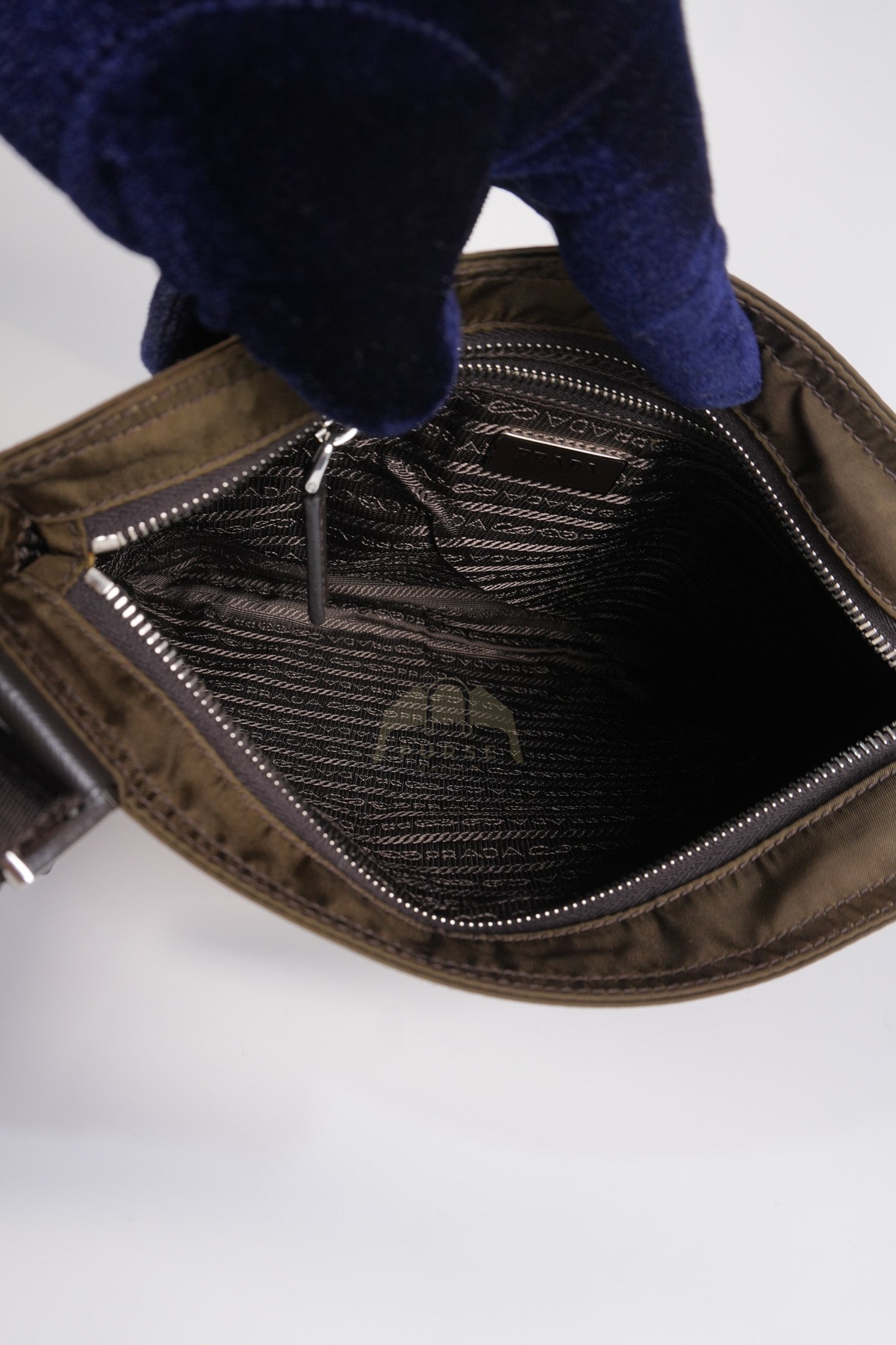 Messenger Bag in Olive Green Tessuto Nylon Canvas & Silver Hardware | Purse Maison Luxury Bags Shop