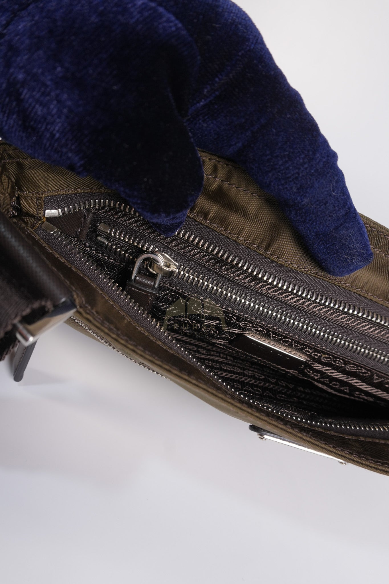 Messenger Bag in Olive Green Tessuto Nylon Canvas & Silver Hardware | Purse Maison Luxury Bags Shop