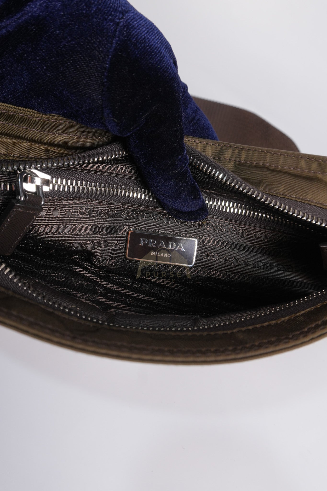 Messenger Bag in Olive Green Tessuto Nylon Canvas & Silver Hardware | Purse Maison Luxury Bags Shop