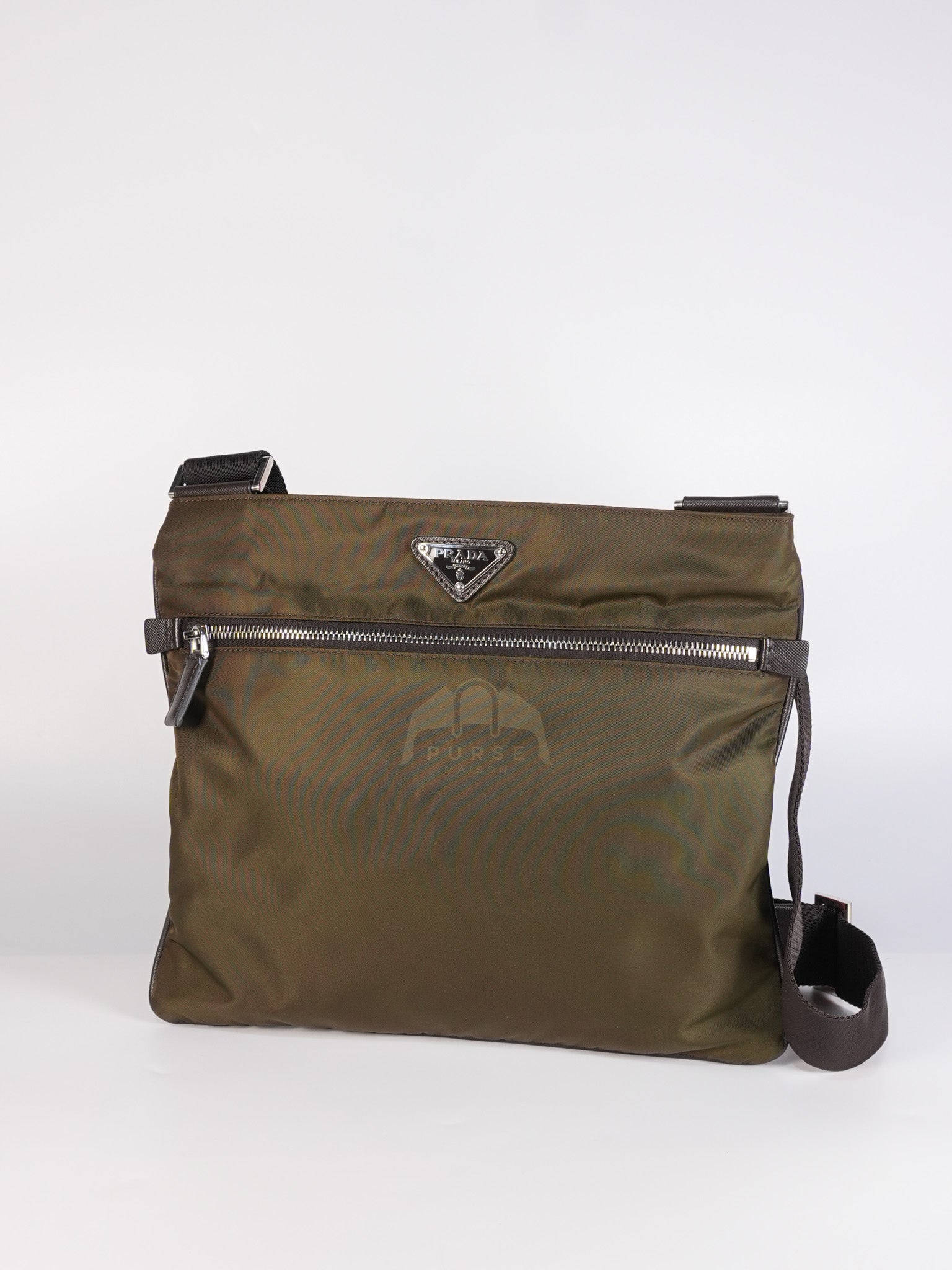 Messenger Bag in Olive Green Tessuto Nylon Canvas & Silver Hardware | Purse Maison Luxury Bags Shop