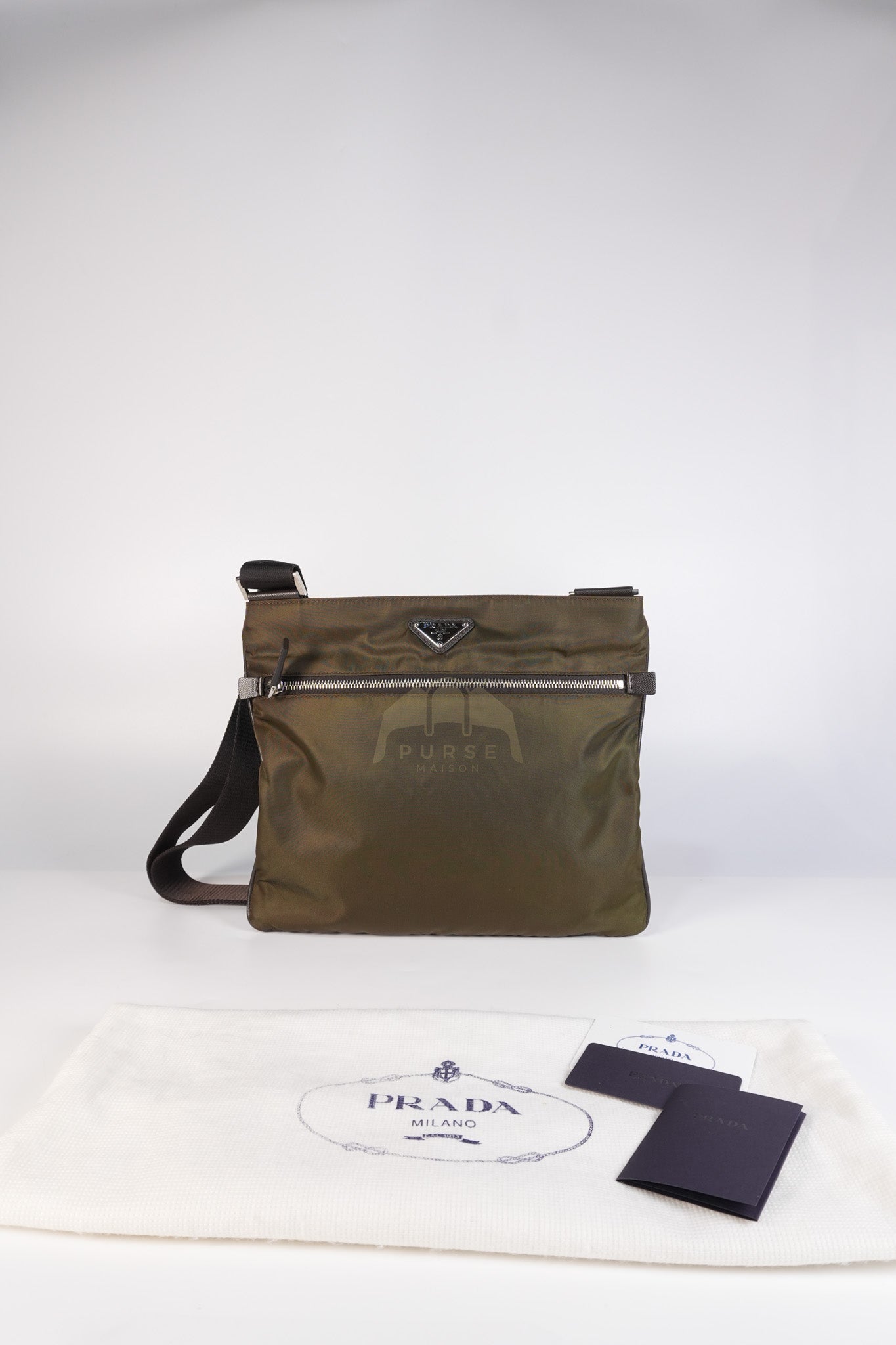 Messenger Bag in Olive Green Tessuto Nylon Canvas & Silver Hardware | Purse Maison Luxury Bags Shop