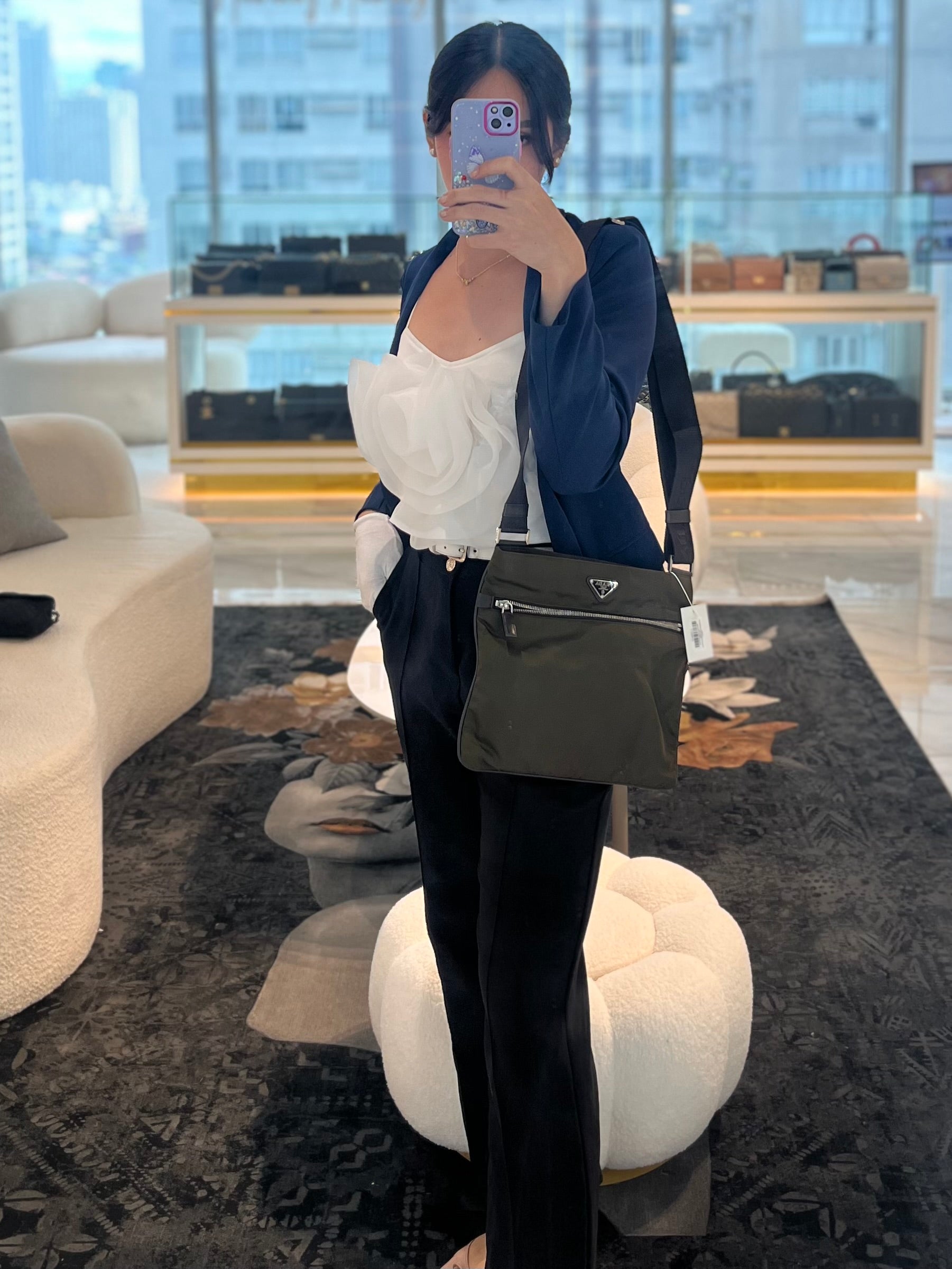 Messenger Bag in Olive Green Tessuto Nylon Canvas & Silver Hardware | Purse Maison Luxury Bags Shop