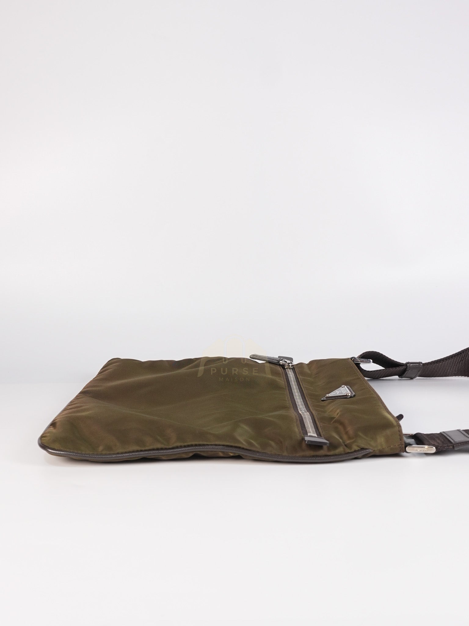 Messenger Bag in Olive Green Tessuto Nylon Canvas & Silver Hardware | Purse Maison Luxury Bags Shop