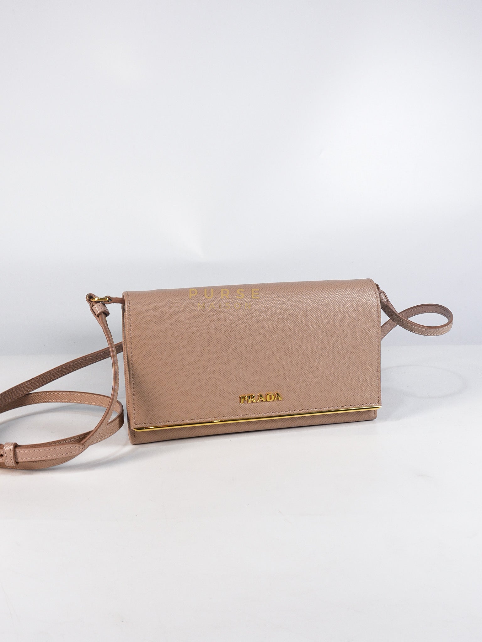 Metal Detail Wallet On Strap in Beige Leather & Gold Hardware | Purse Maison Luxury Bags Shop