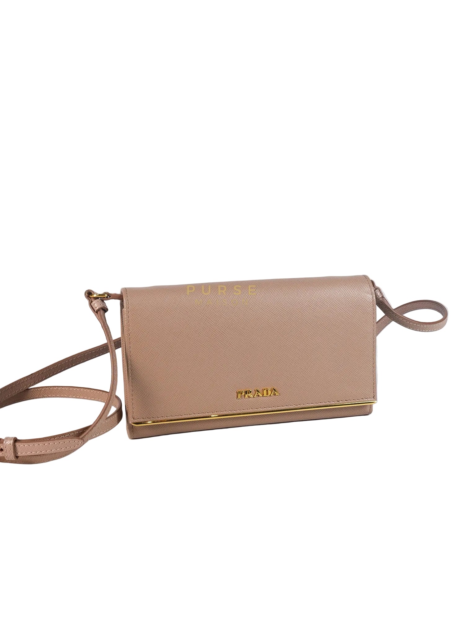 Metal Detail Wallet On Strap in Beige Leather & Gold Hardware | Purse Maison Luxury Bags Shop