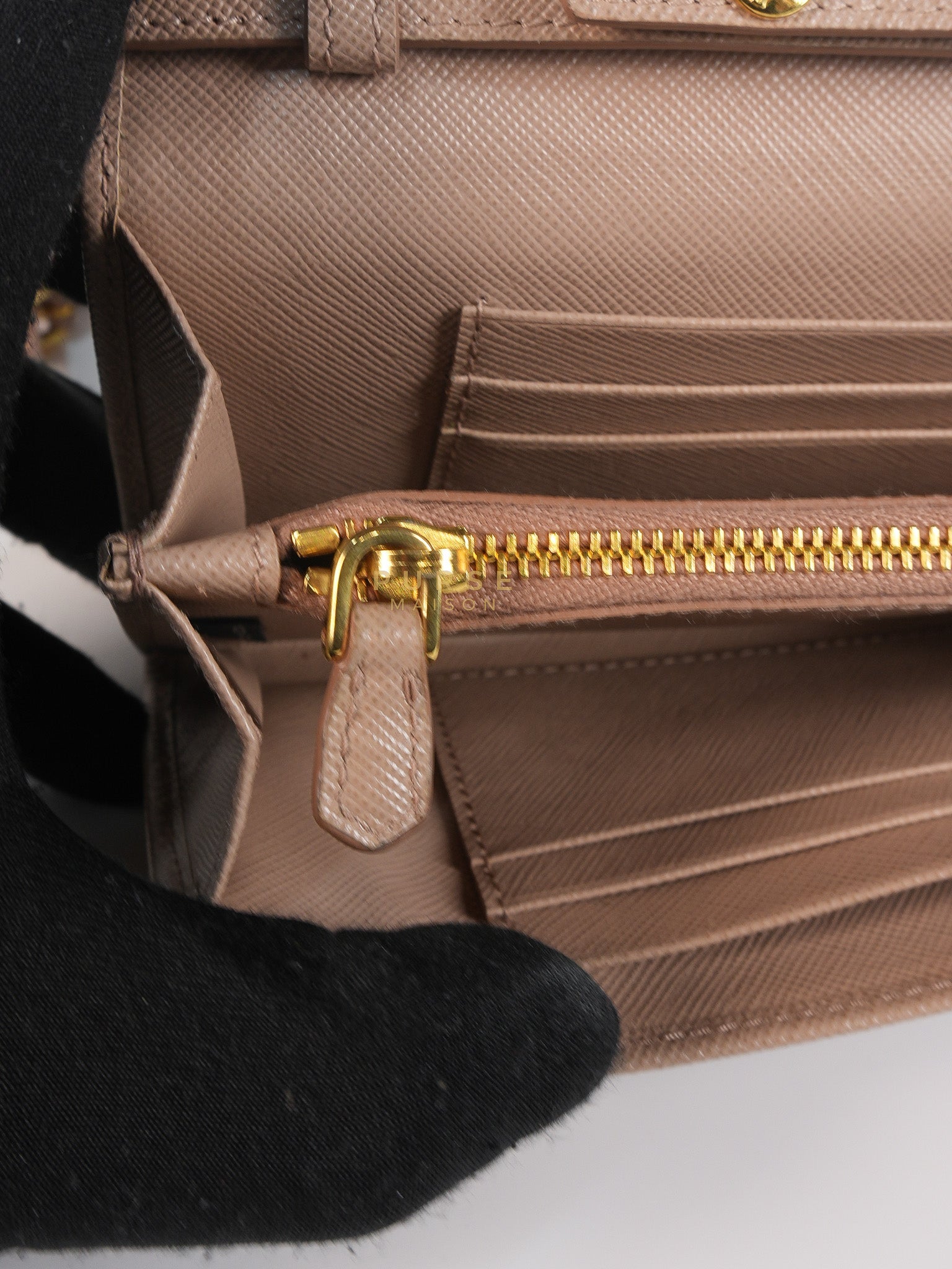 Metal Detail Wallet On Strap in Beige Leather & Gold Hardware | Purse Maison Luxury Bags Shop