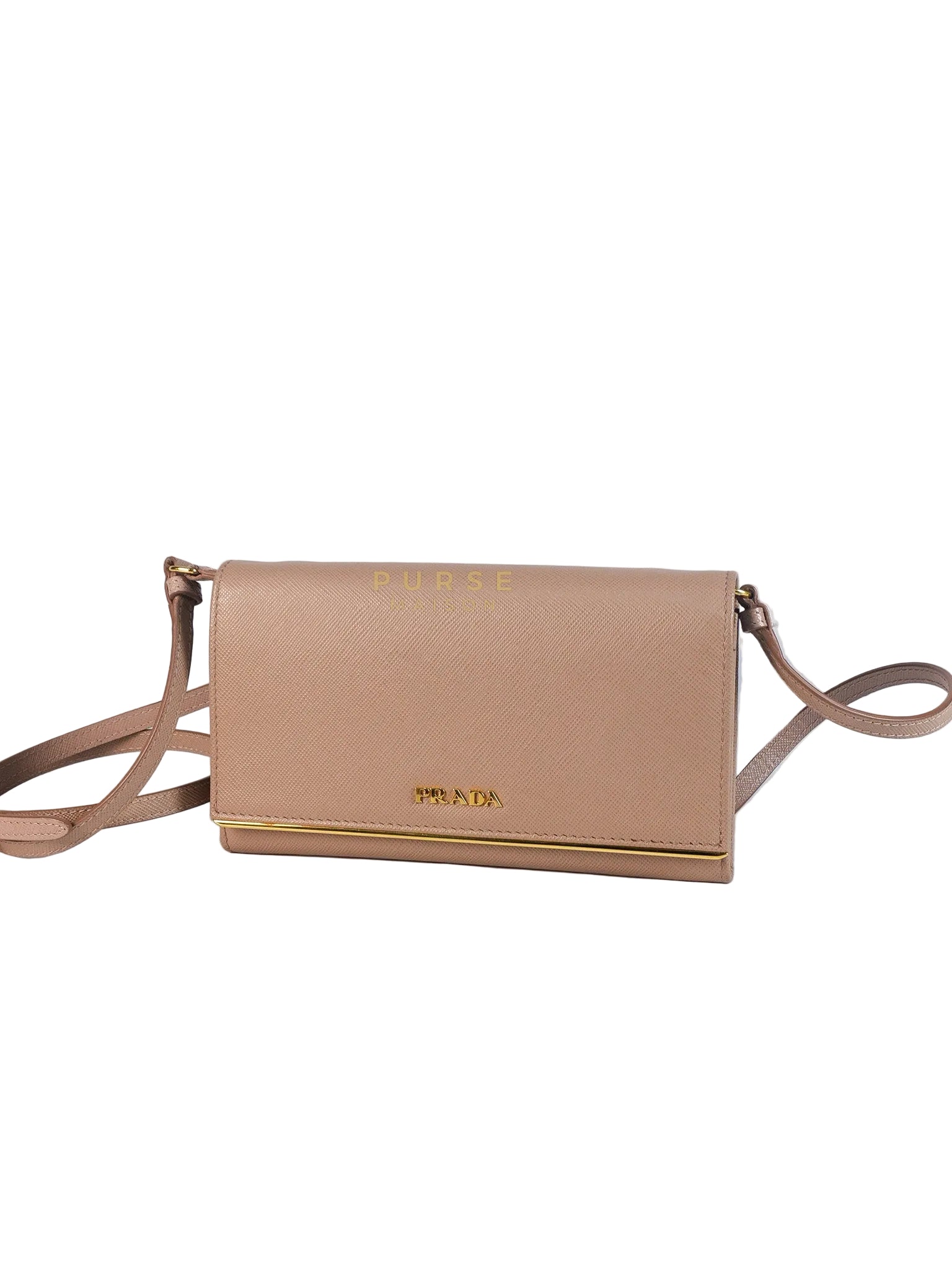 Metal Detail Wallet On Strap in Beige Leather & Gold Hardware | Purse Maison Luxury Bags Shop