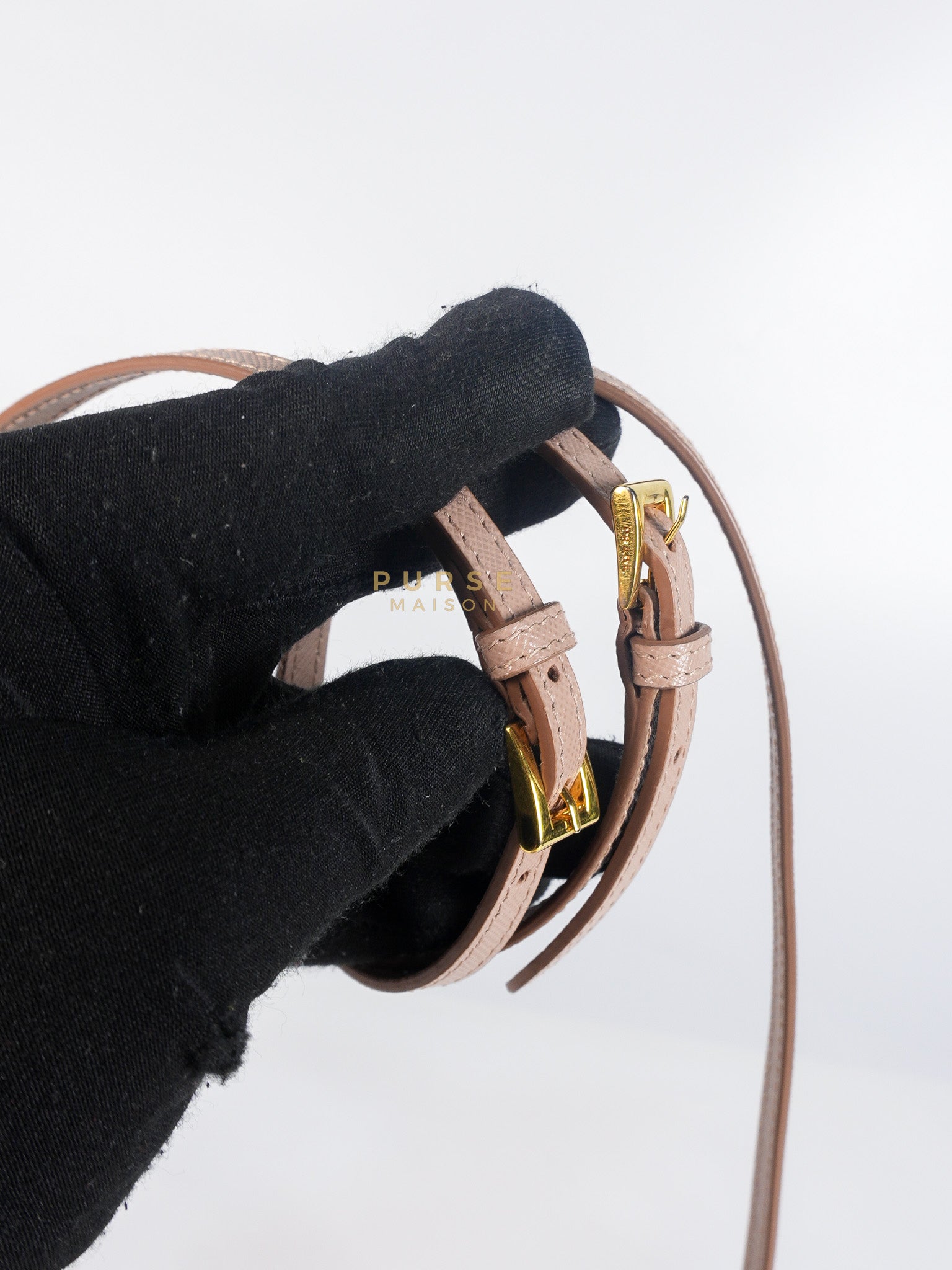 Metal Detail Wallet On Strap in Beige Leather & Gold Hardware | Purse Maison Luxury Bags Shop