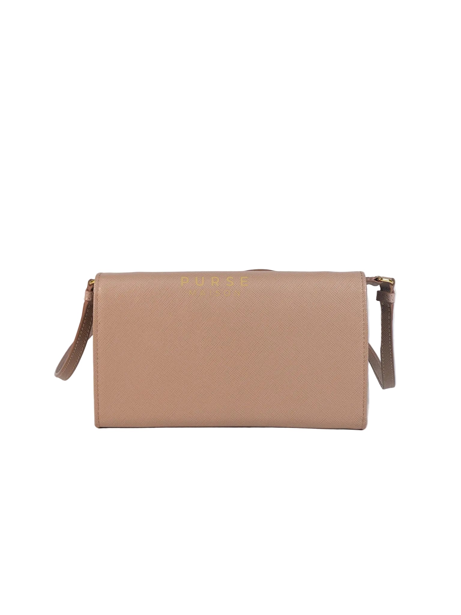 Metal Detail Wallet On Strap in Beige Leather & Gold Hardware | Purse Maison Luxury Bags Shop
