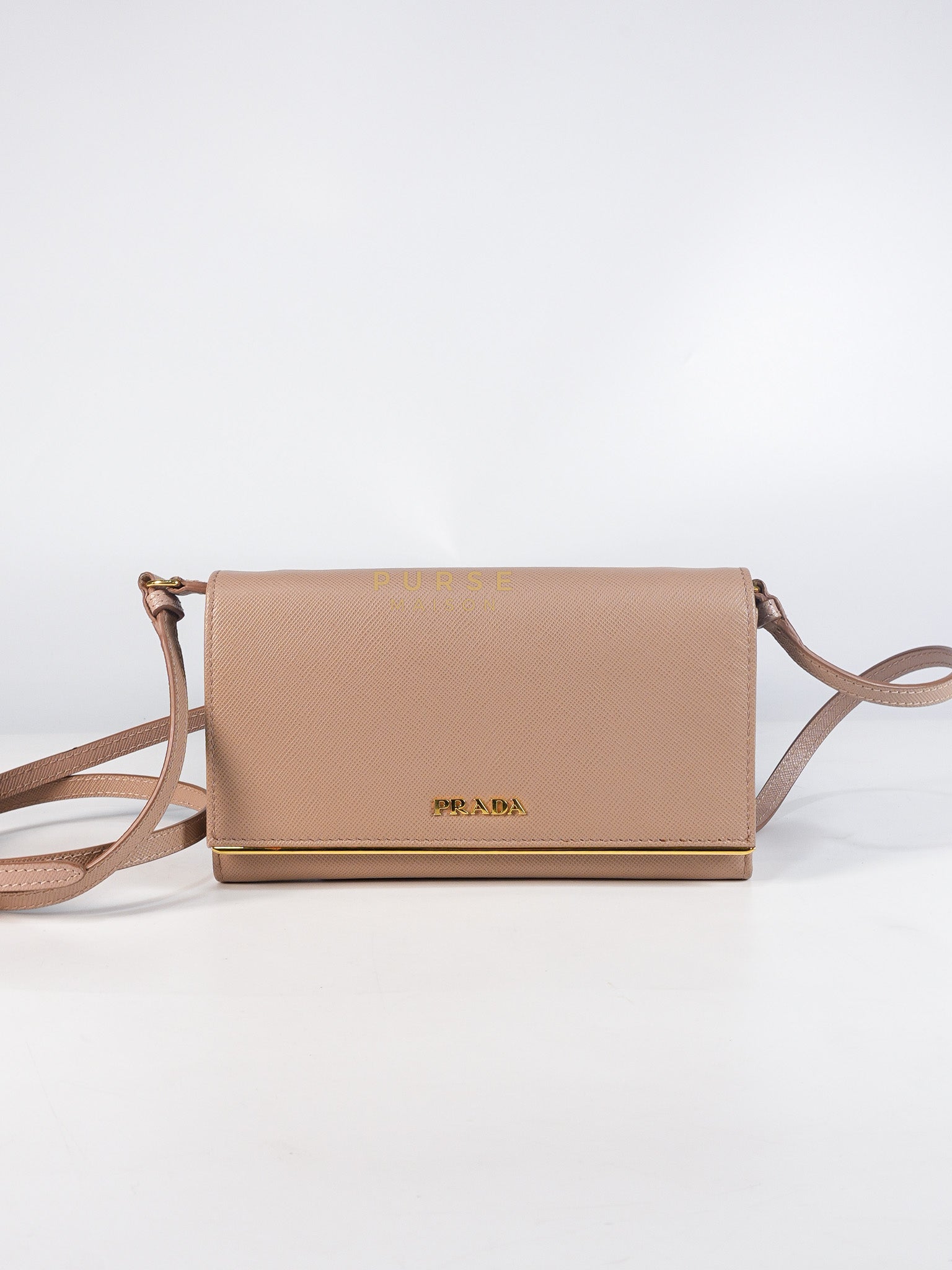 Metal Detail Wallet On Strap in Beige Leather & Gold Hardware | Purse Maison Luxury Bags Shop