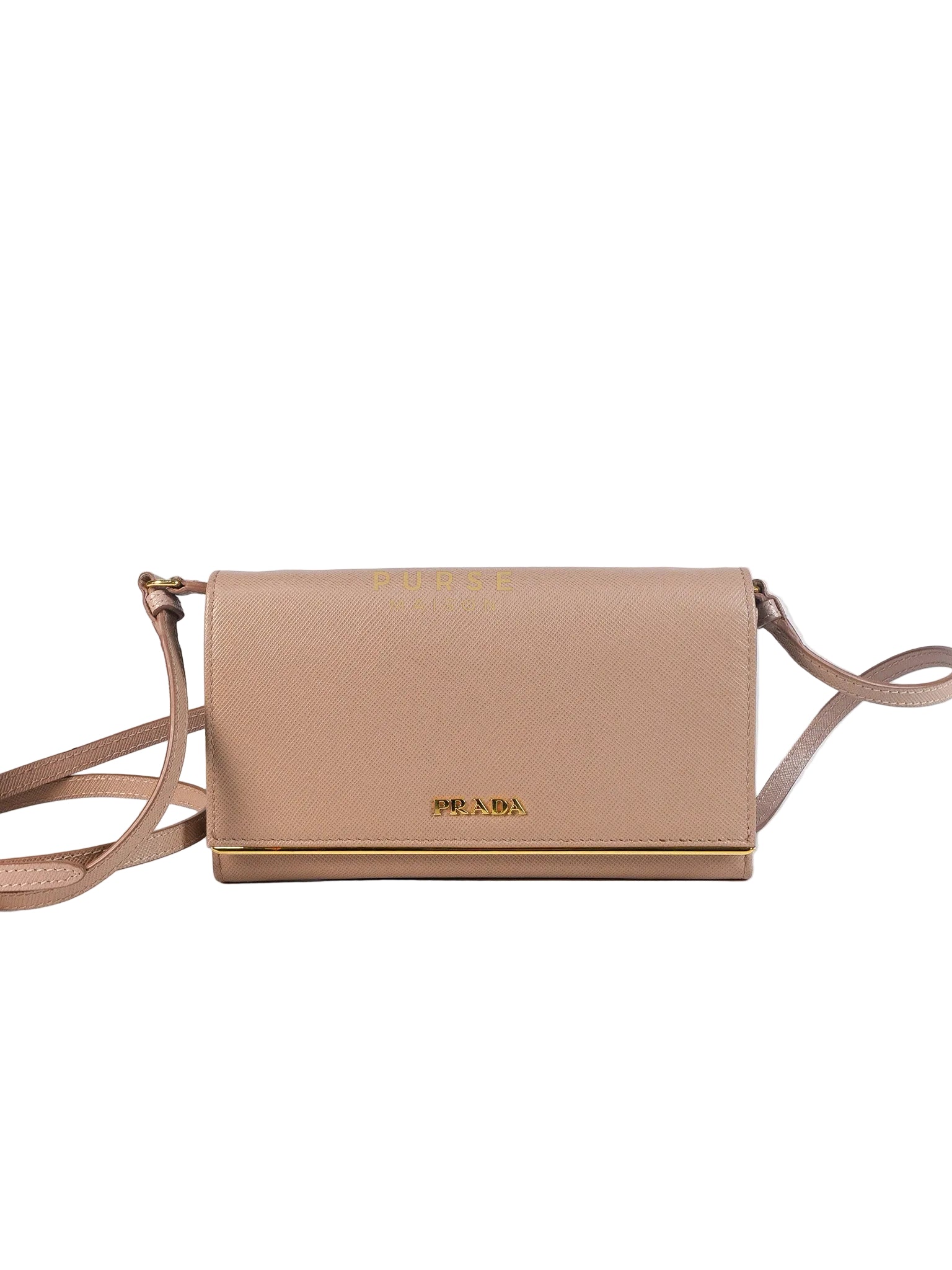 Metal Detail Wallet On Strap in Beige Leather & Gold Hardware | Purse Maison Luxury Bags Shop