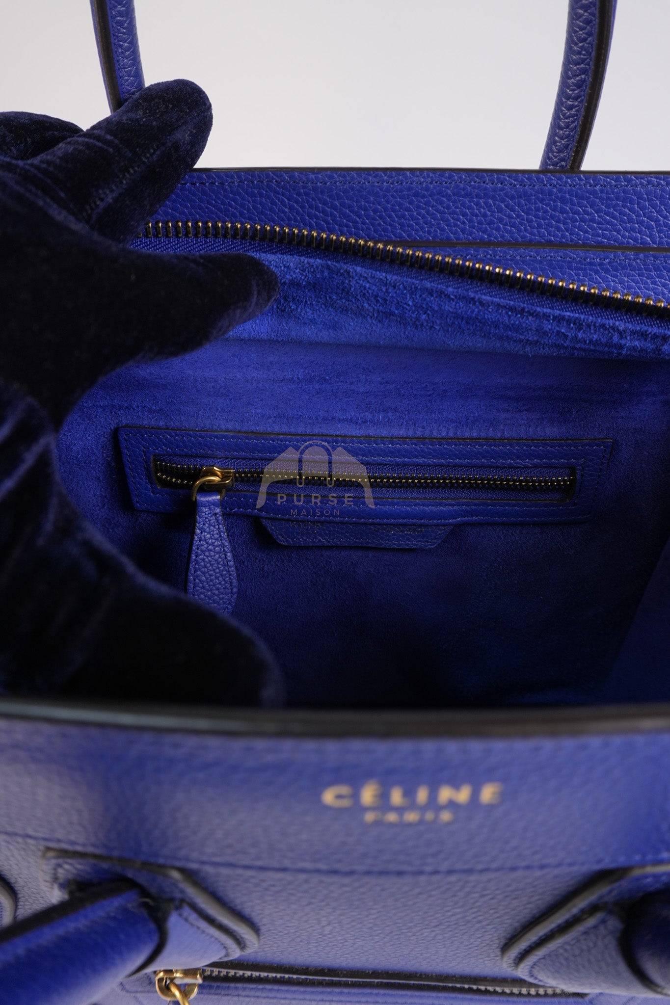 Micro Luggage in Blue Drummed Calfskin Leather | Purse Maison Luxury Bags Shop