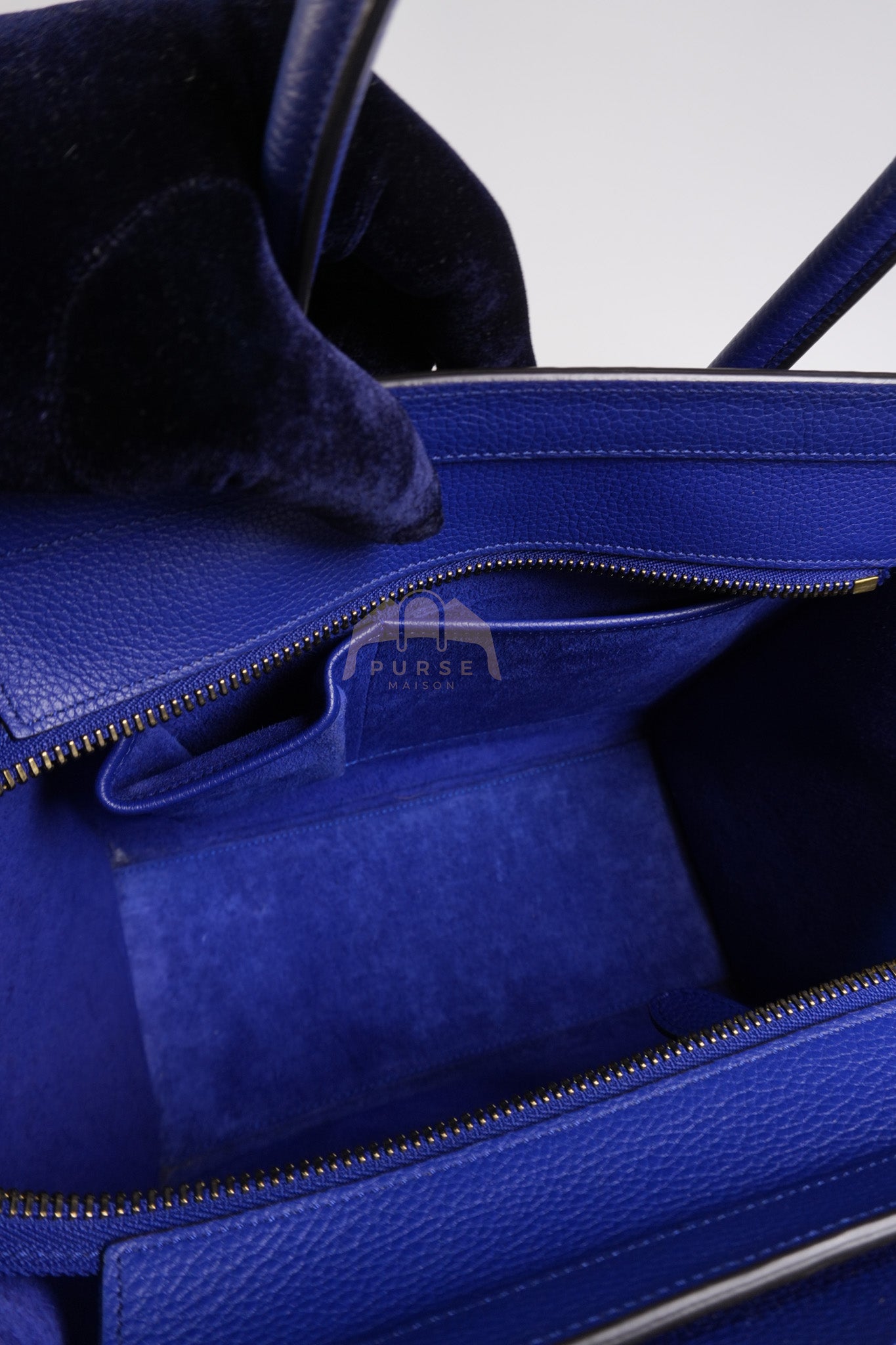 Micro Luggage in Blue Drummed Calfskin Leather | Purse Maison Luxury Bags Shop