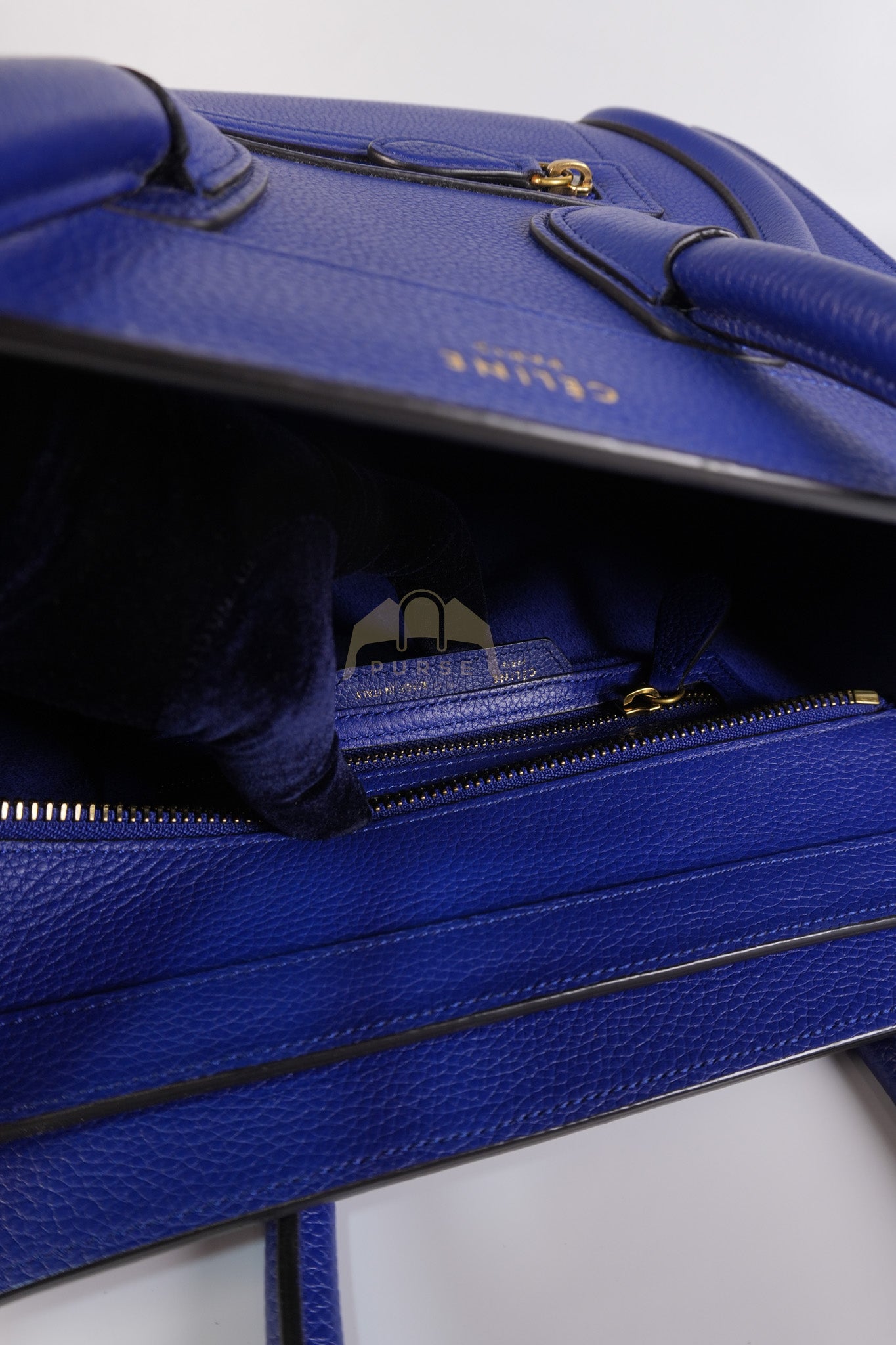 Micro Luggage in Blue Drummed Calfskin Leather | Purse Maison Luxury Bags Shop