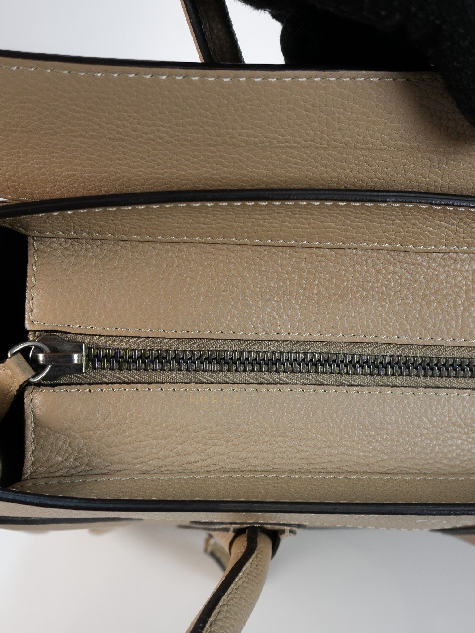 Micro Luggage Taupe in Drummed Calfskin Leather | Purse Maison Luxury Bags Shop