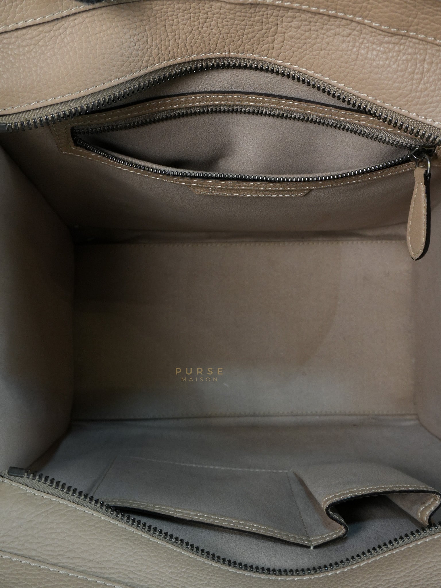 Micro Luggage Taupe in Drummed Calfskin Leather | Purse Maison Luxury Bags Shop