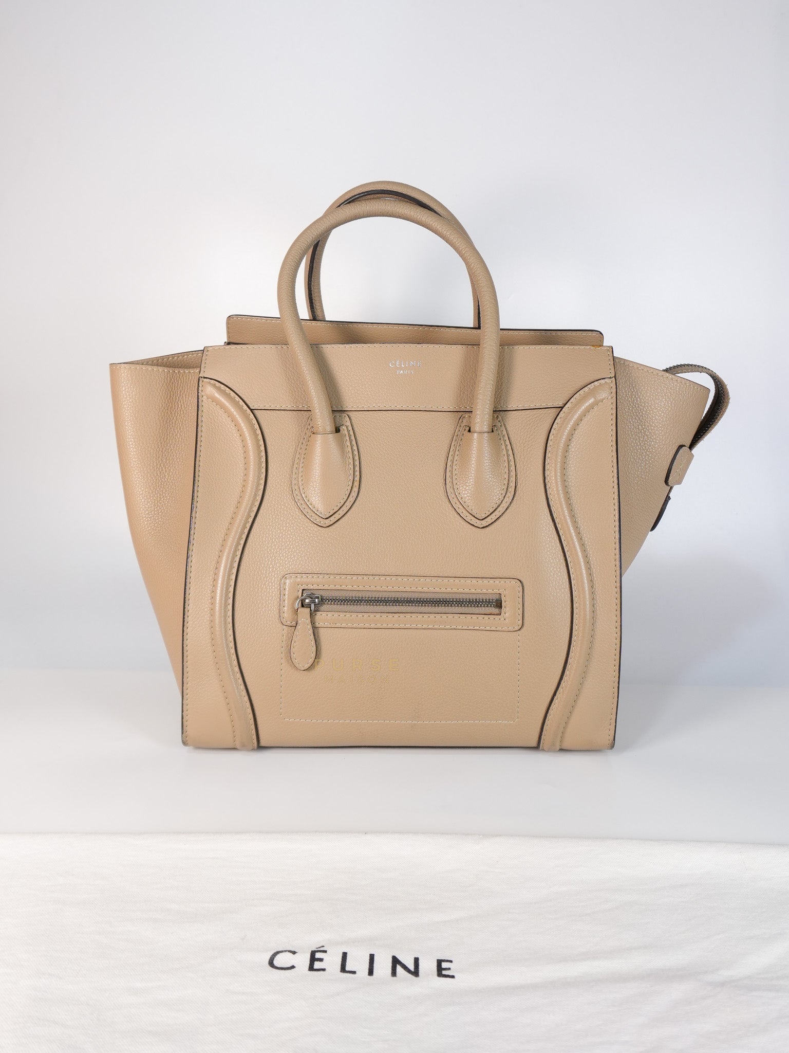 Micro Luggage Taupe in Drummed Calfskin Leather | Purse Maison Luxury Bags Shop