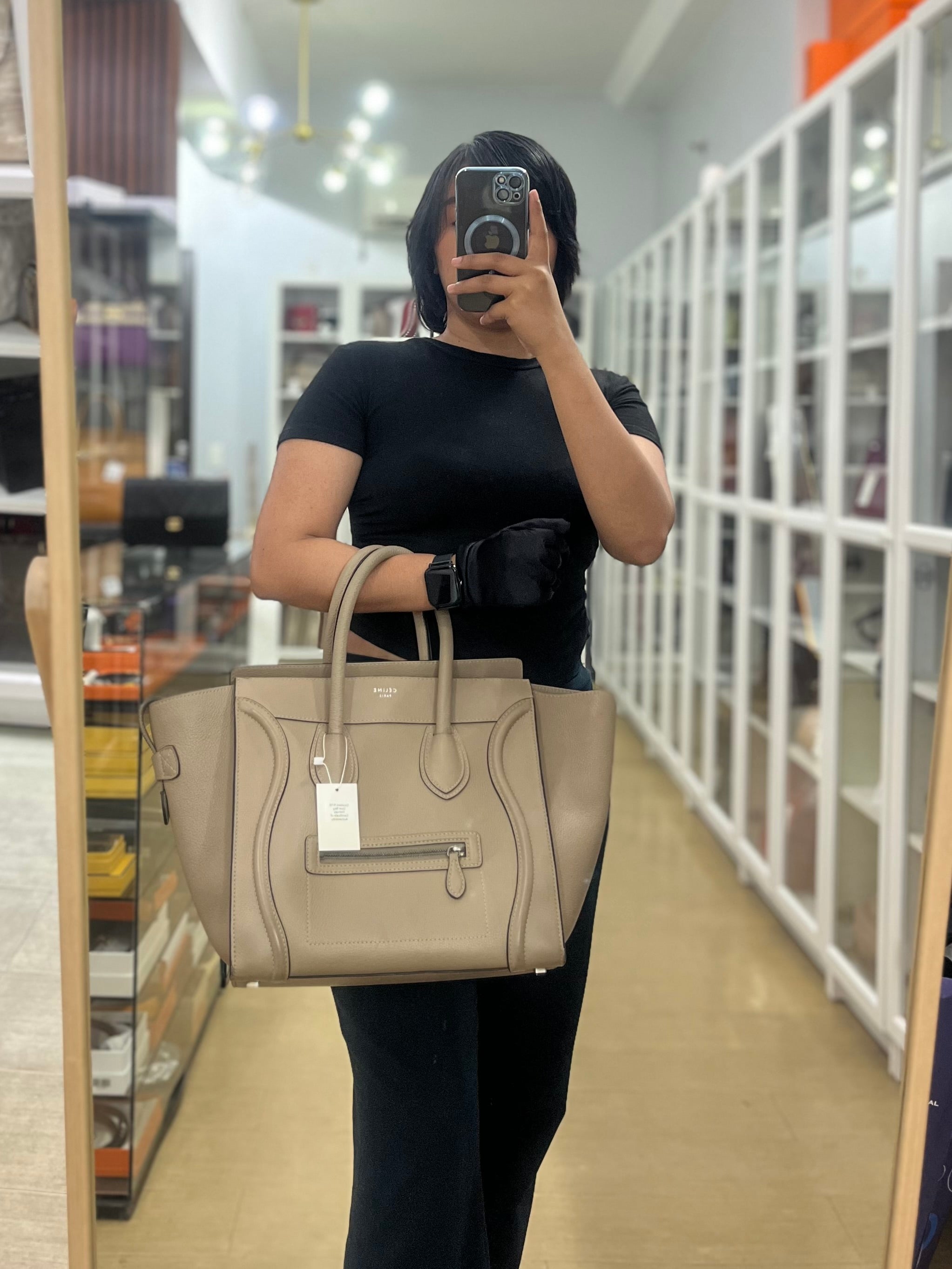 Micro Luggage Taupe in Drummed Calfskin Leather | Purse Maison Luxury Bags Shop