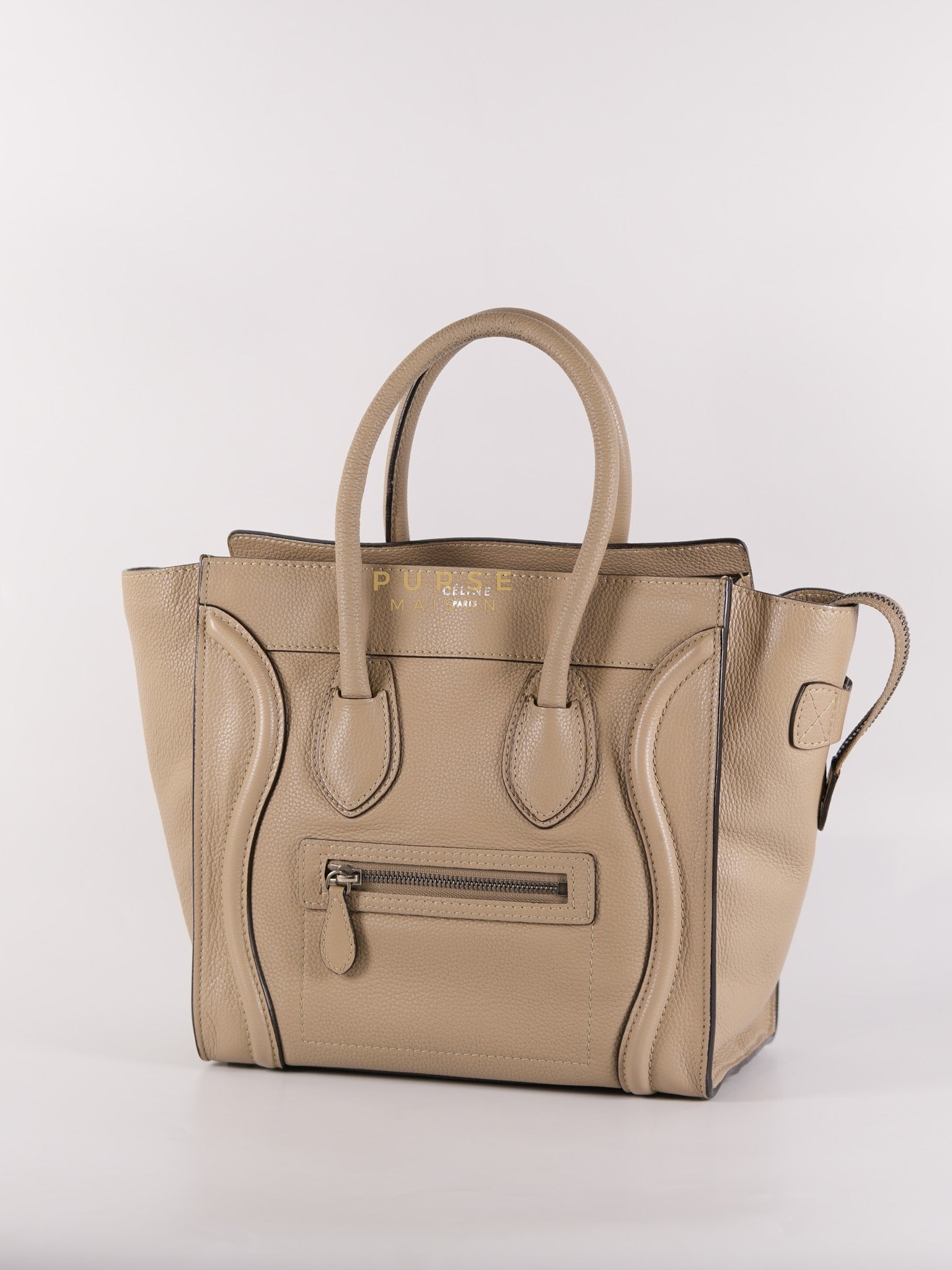 Micro Luggage Tote Bag in Dark Beige Grained Calfskin Leather | Purse Maison Luxury Bags Shop