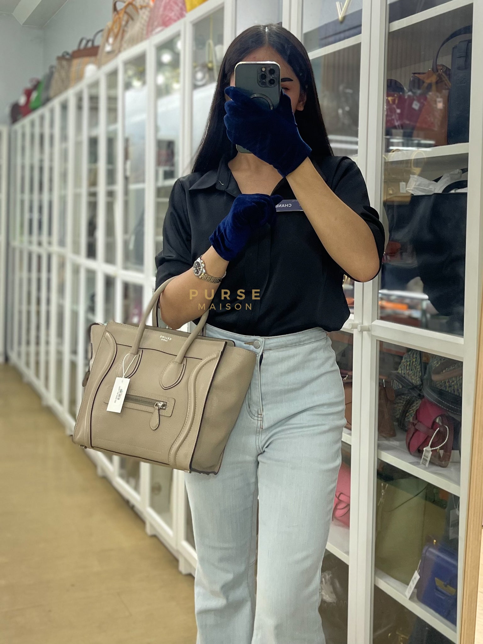 Micro Luggage Tote Bag in Dark Beige Grained Calfskin Leather | Purse Maison Luxury Bags Shop