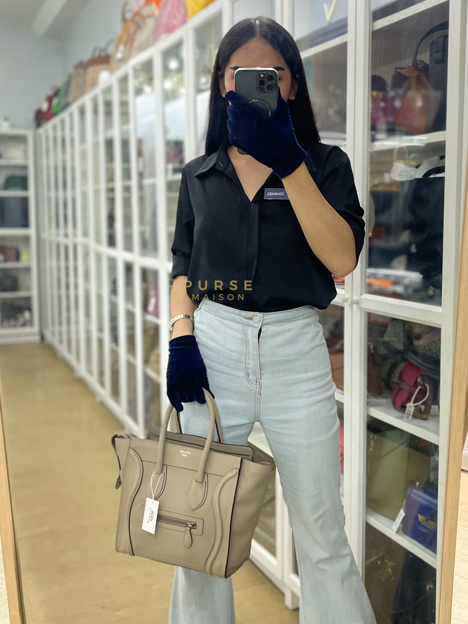 Micro Luggage Tote Bag in Dark Beige Grained Calfskin Leather | Purse Maison Luxury Bags Shop