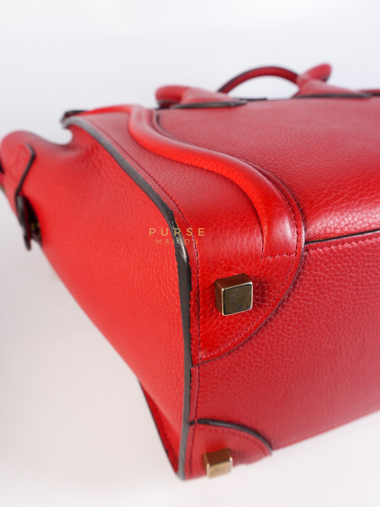 Micro Luggage Tote Bag in Red Calfskin Leather & Aged Gold Hardware | Purse Maison Luxury Bags Shop