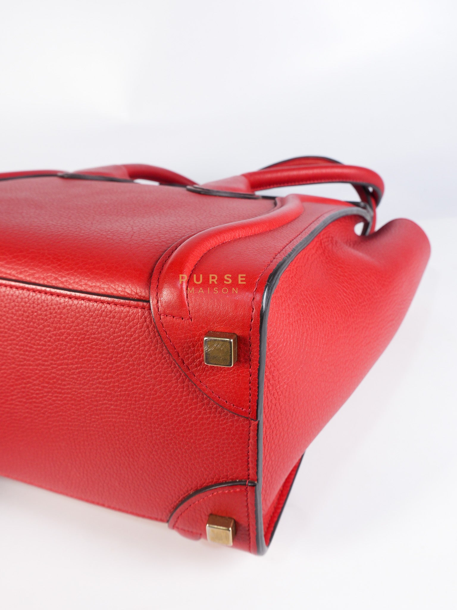 Micro Luggage Tote Bag in Red Calfskin Leather & Aged Gold Hardware | Purse Maison Luxury Bags Shop