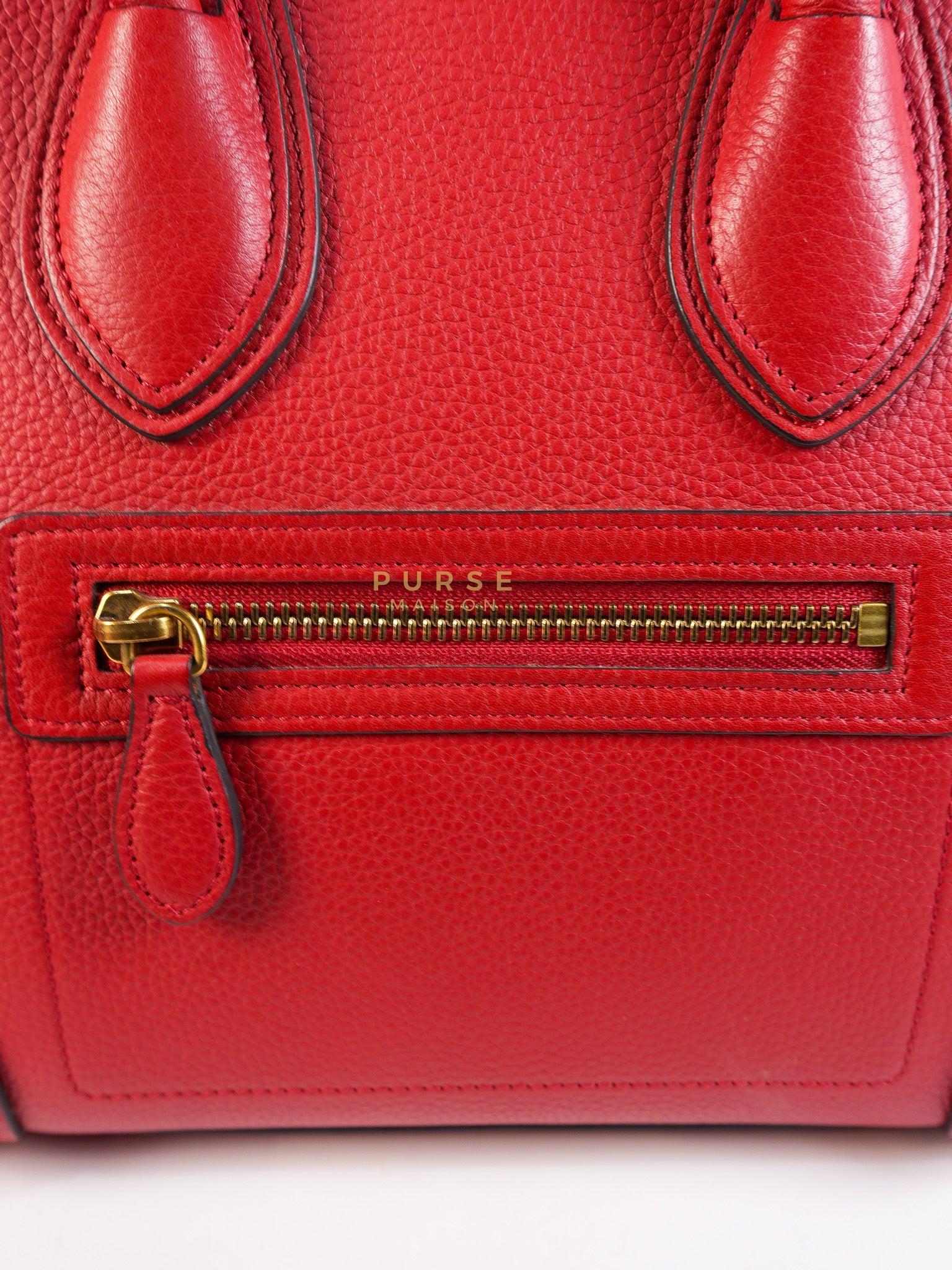 Micro Luggage Tote Bag in Red Calfskin Leather & Aged Gold Hardware | Purse Maison Luxury Bags Shop