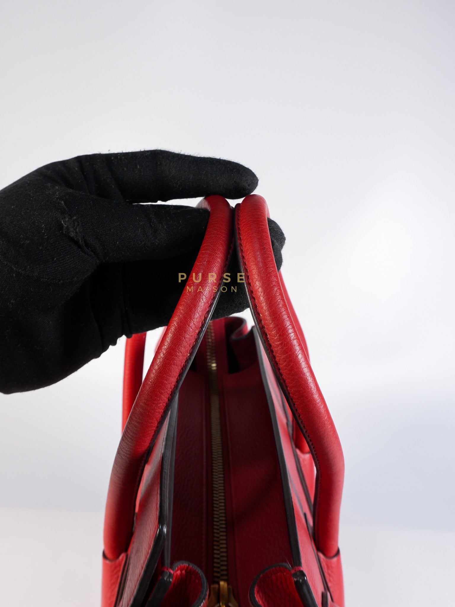 Micro Luggage Tote Bag in Red Calfskin Leather & Aged Gold Hardware | Purse Maison Luxury Bags Shop