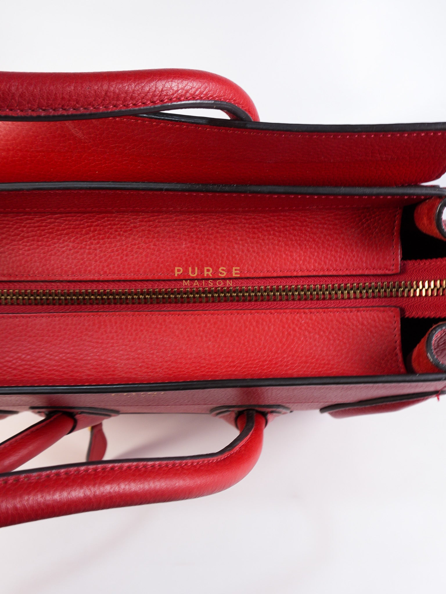 Micro Luggage Tote Bag in Red Calfskin Leather & Aged Gold Hardware | Purse Maison Luxury Bags Shop