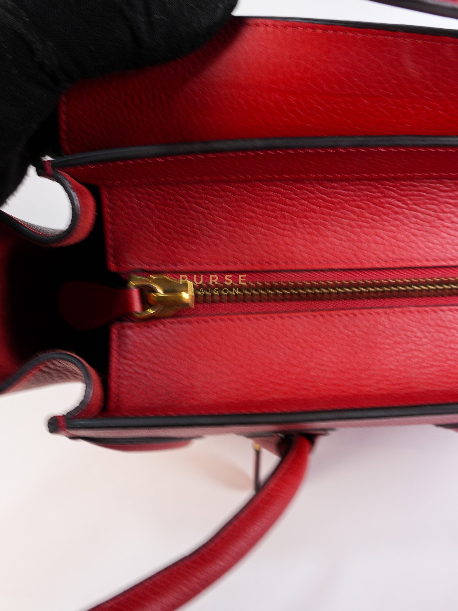 Micro Luggage Tote Bag in Red Calfskin Leather & Aged Gold Hardware | Purse Maison Luxury Bags Shop