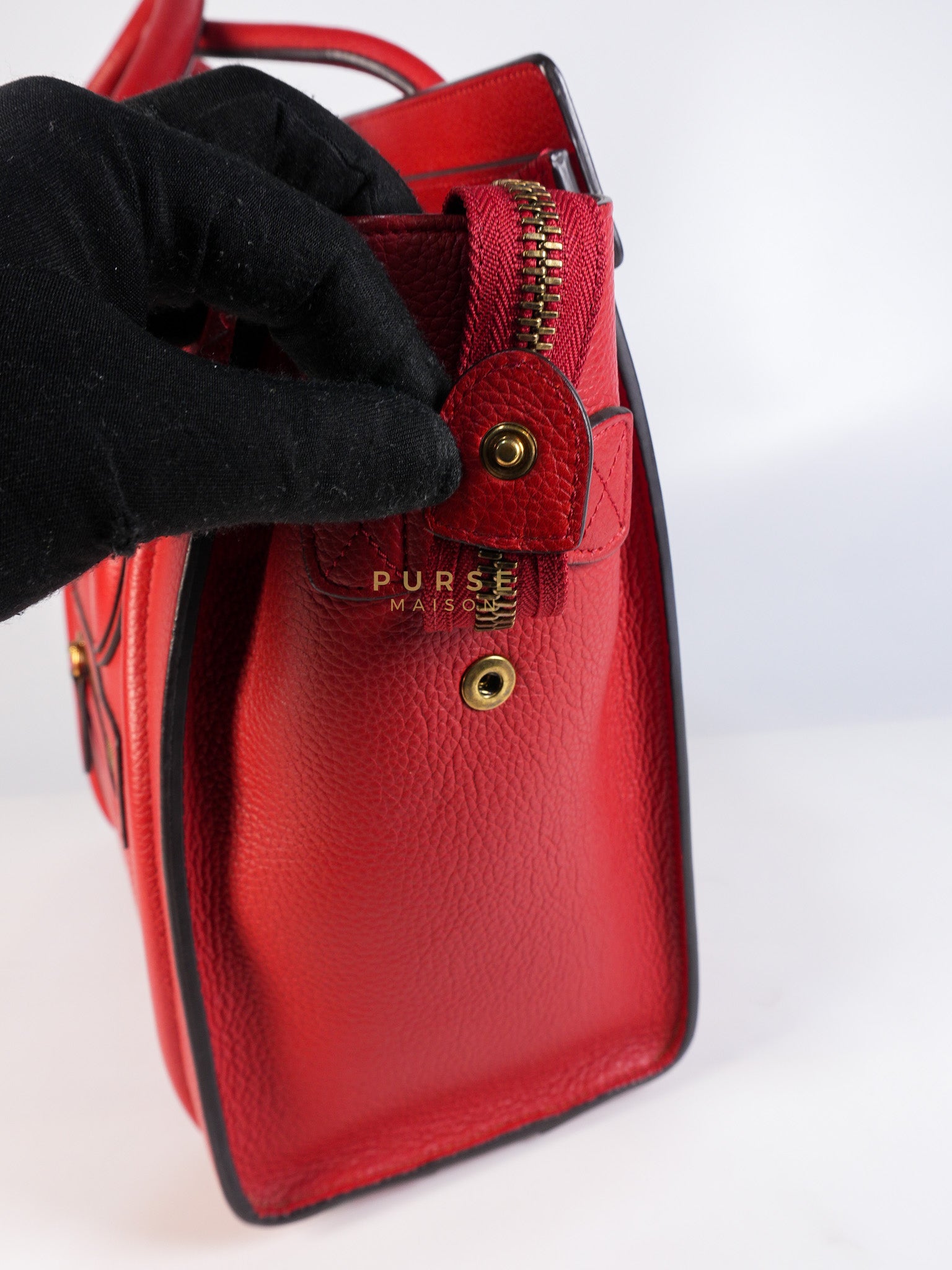 Micro Luggage Tote Bag in Red Calfskin Leather & Aged Gold Hardware | Purse Maison Luxury Bags Shop