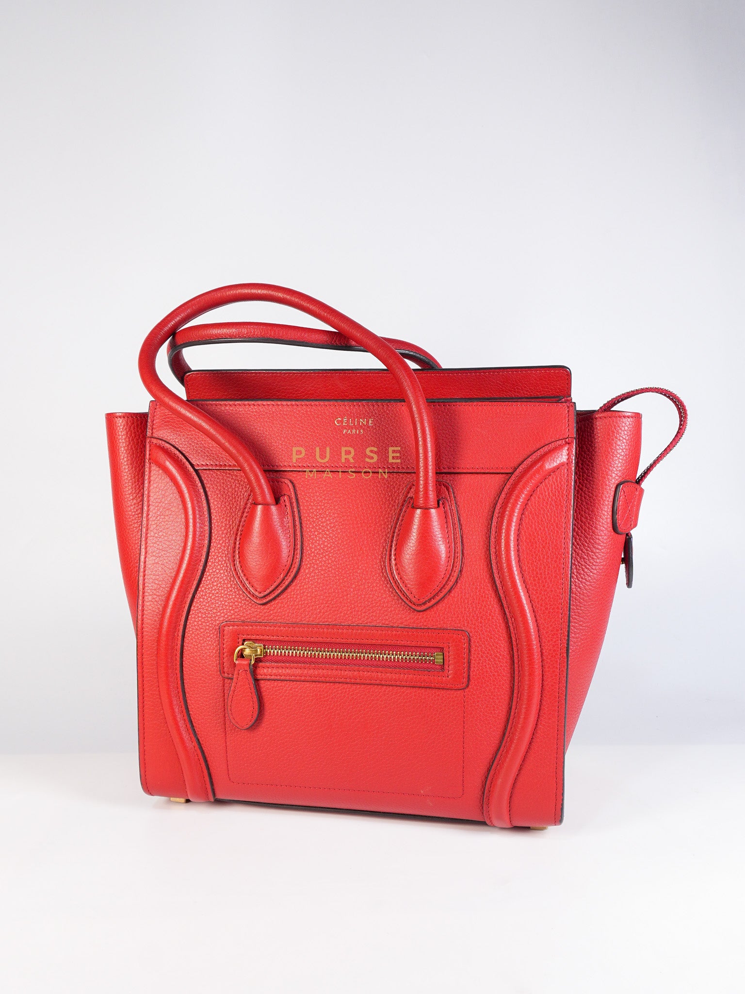 Micro Luggage Tote Bag in Red Calfskin Leather & Aged Gold Hardware | Purse Maison Luxury Bags Shop
