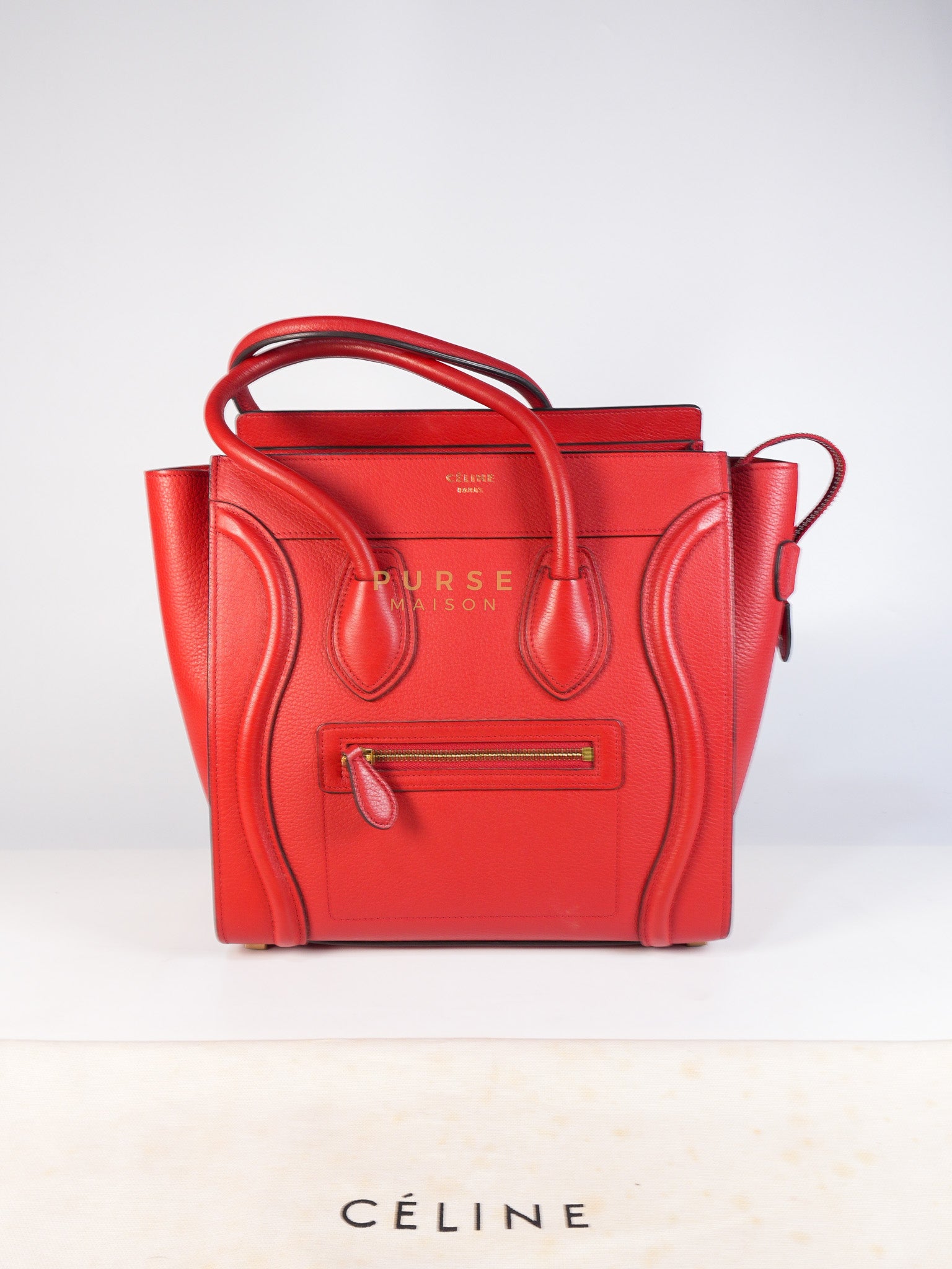 Micro Luggage Tote Bag in Red Calfskin Leather & Aged Gold Hardware | Purse Maison Luxury Bags Shop