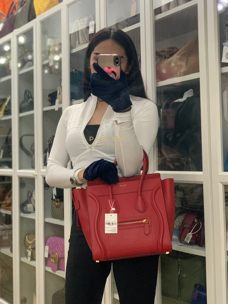 Micro Luggage Tote Bag in Red Calfskin Leather & Aged Gold Hardware | Purse Maison Luxury Bags Shop