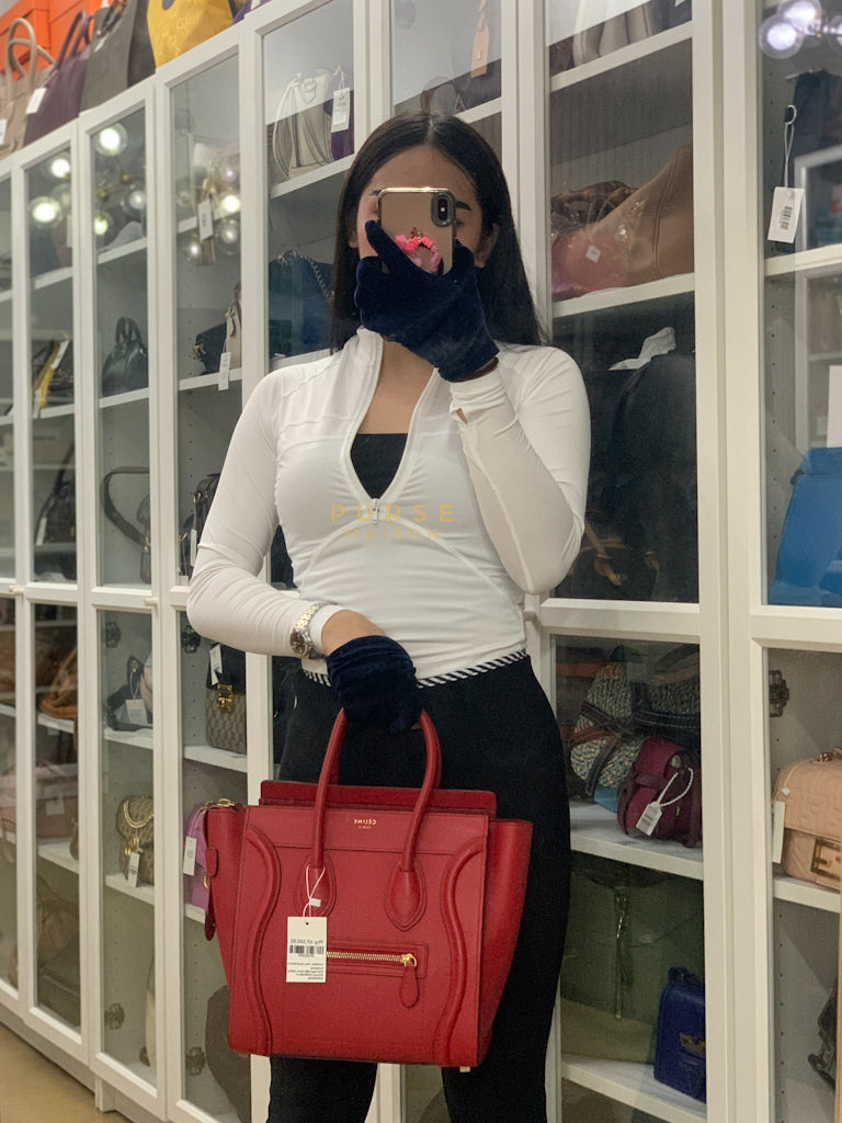 Micro Luggage Tote Bag in Red Calfskin Leather & Aged Gold Hardware | Purse Maison Luxury Bags Shop