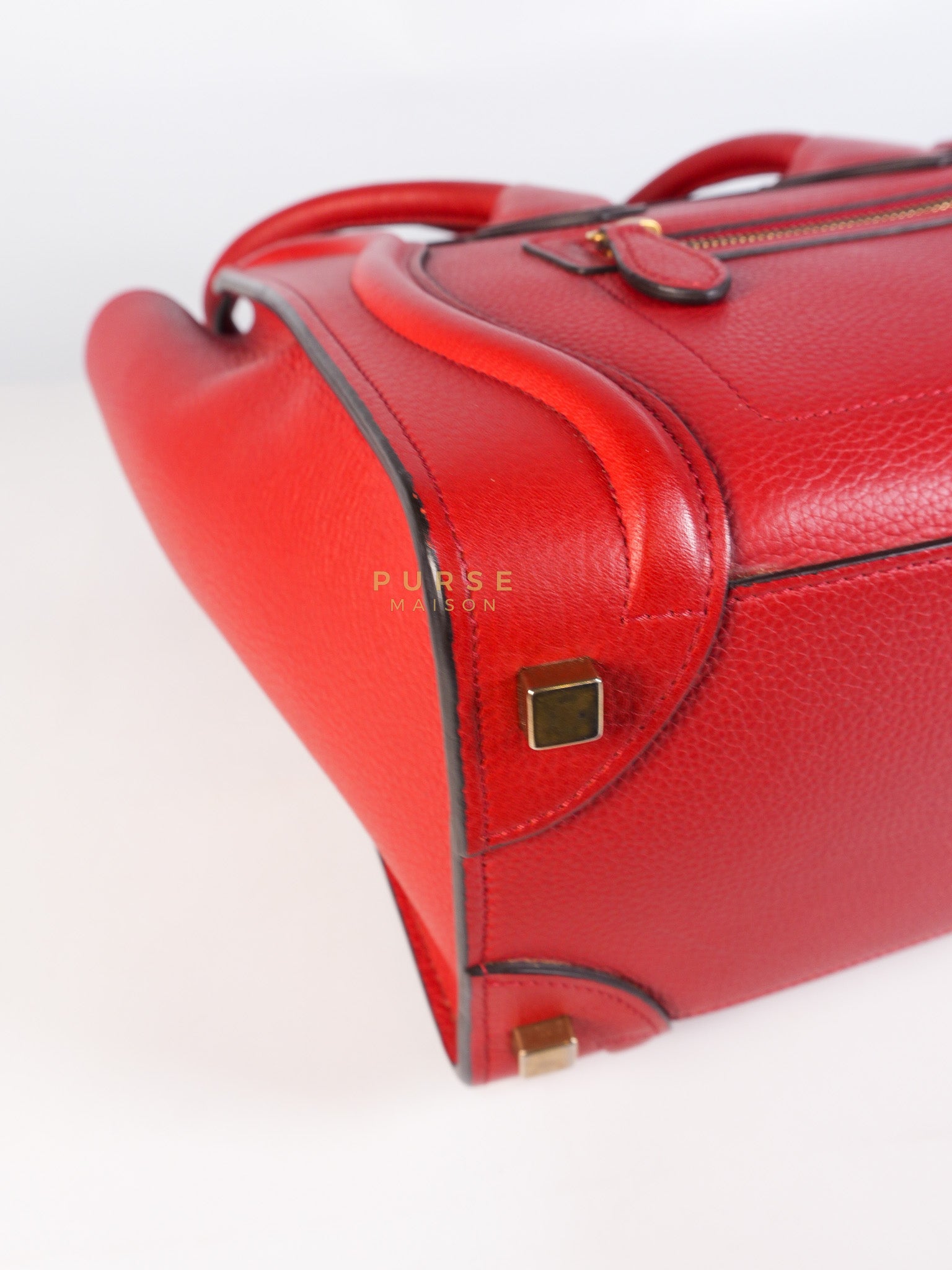Micro Luggage Tote Bag in Red Calfskin Leather & Aged Gold Hardware | Purse Maison Luxury Bags Shop