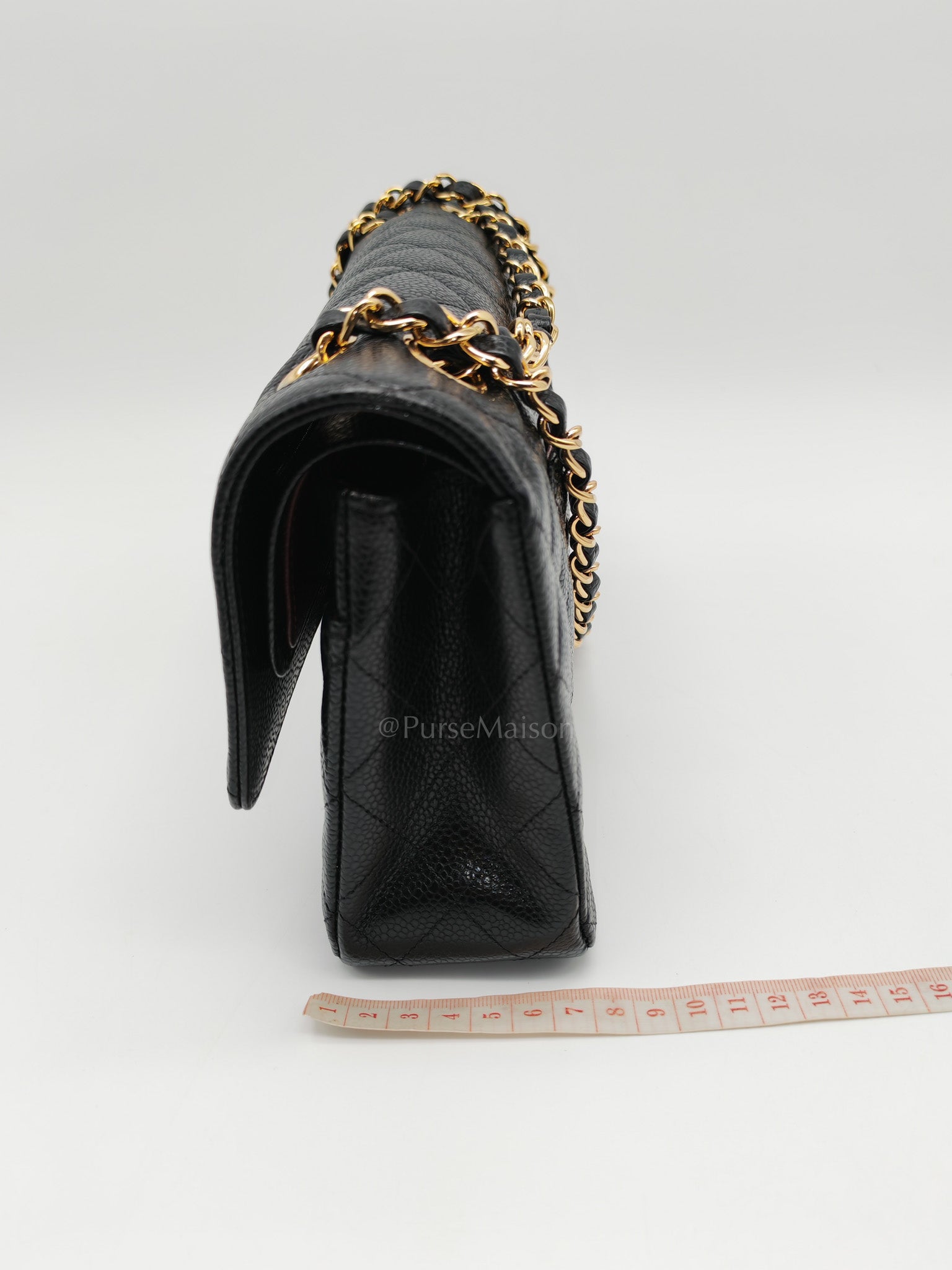 Classic Double Flap Medium in Black Quilted Caviar Leather and Gold Hardware Microchip