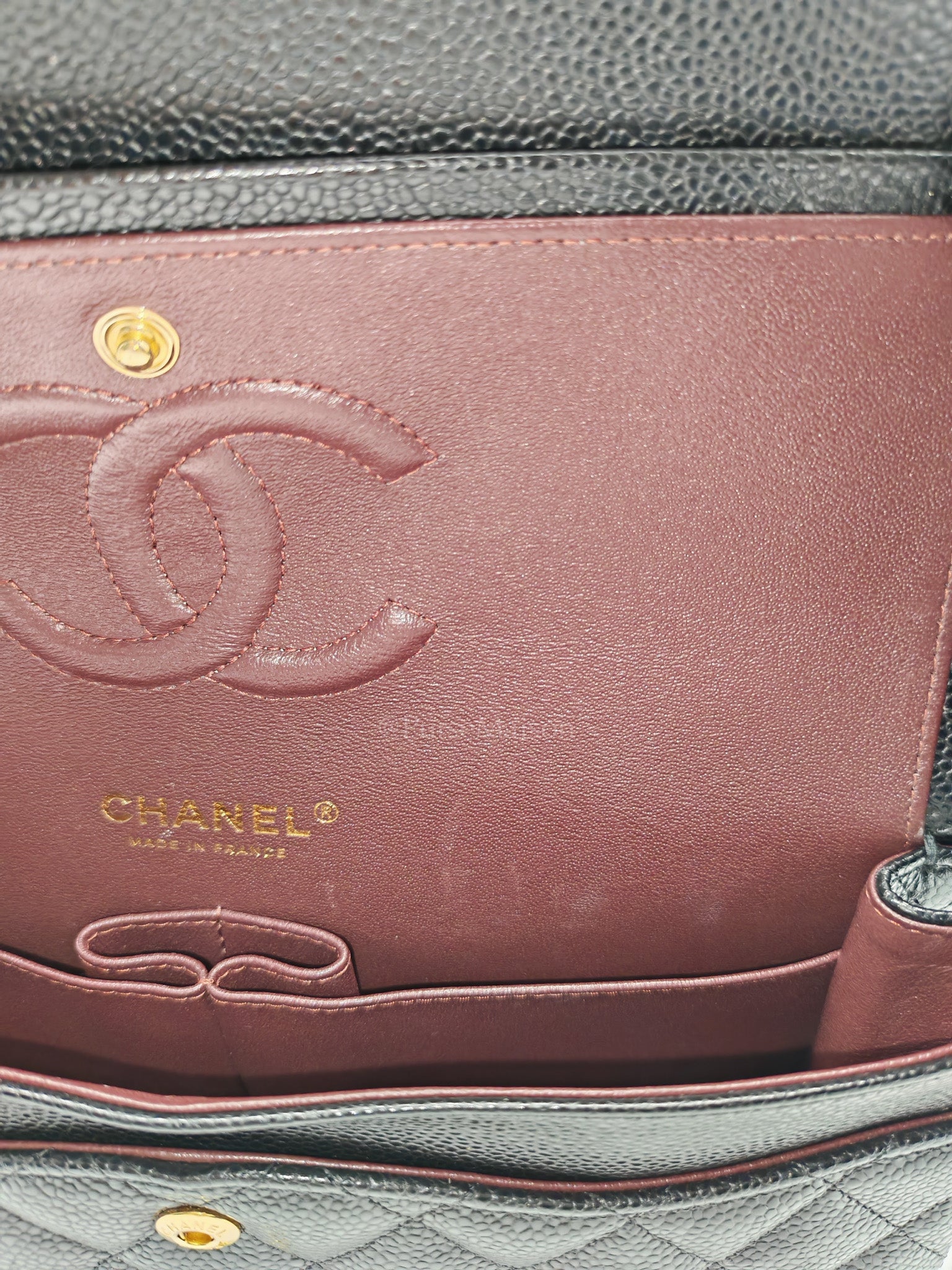 Classic Double Flap Medium in Black Quilted Caviar Leather and Gold Hardware Microchip