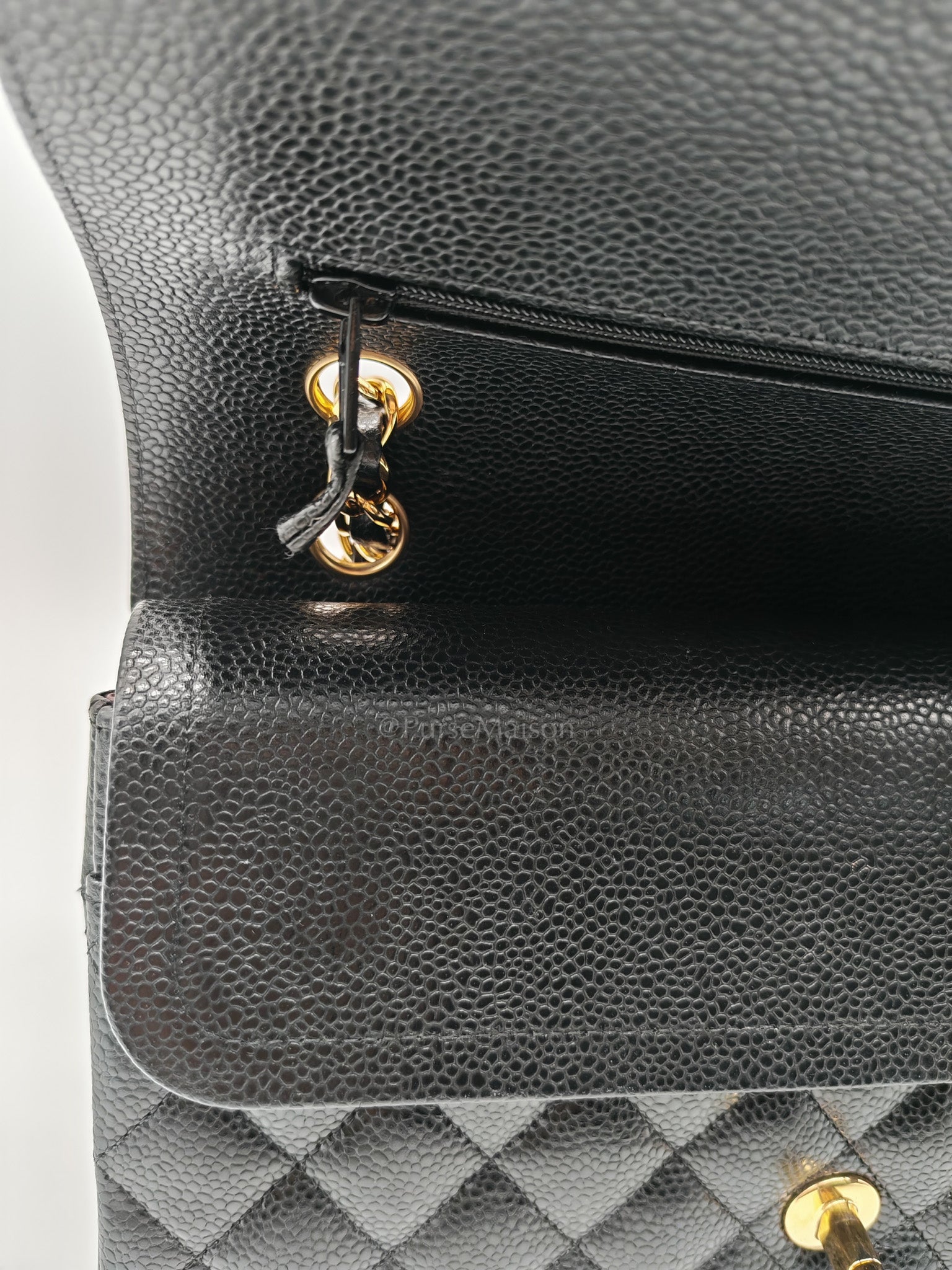 Classic Double Flap Medium in Black Quilted Caviar Leather and Gold Hardware Microchip