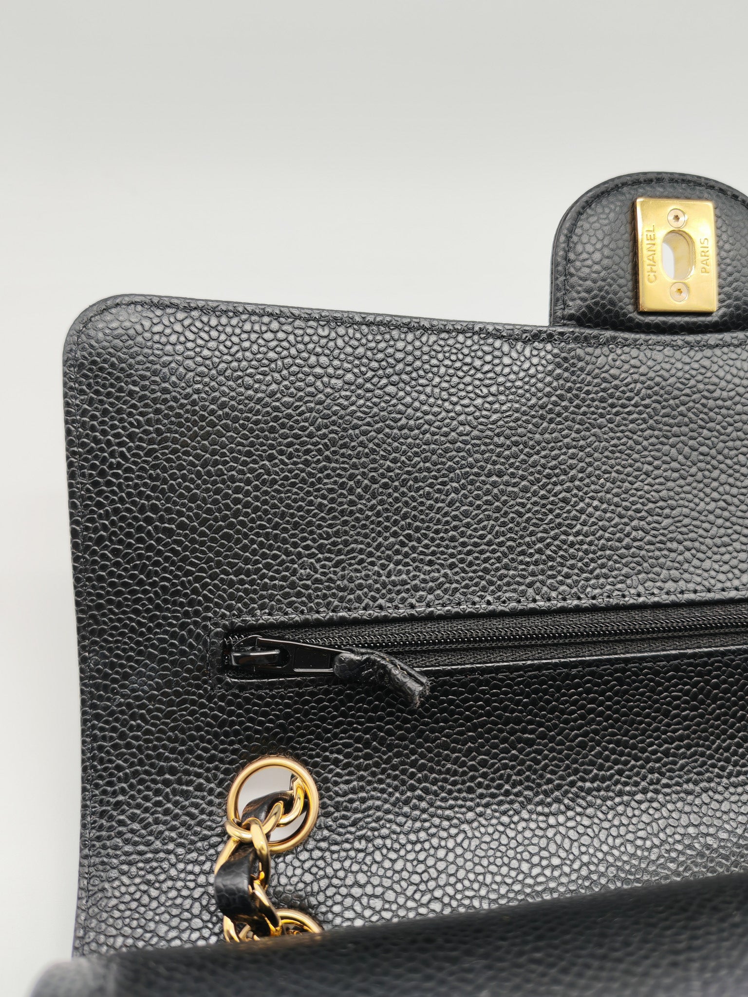 Classic Double Flap Medium in Black Quilted Caviar Leather and Gold Hardware Microchip