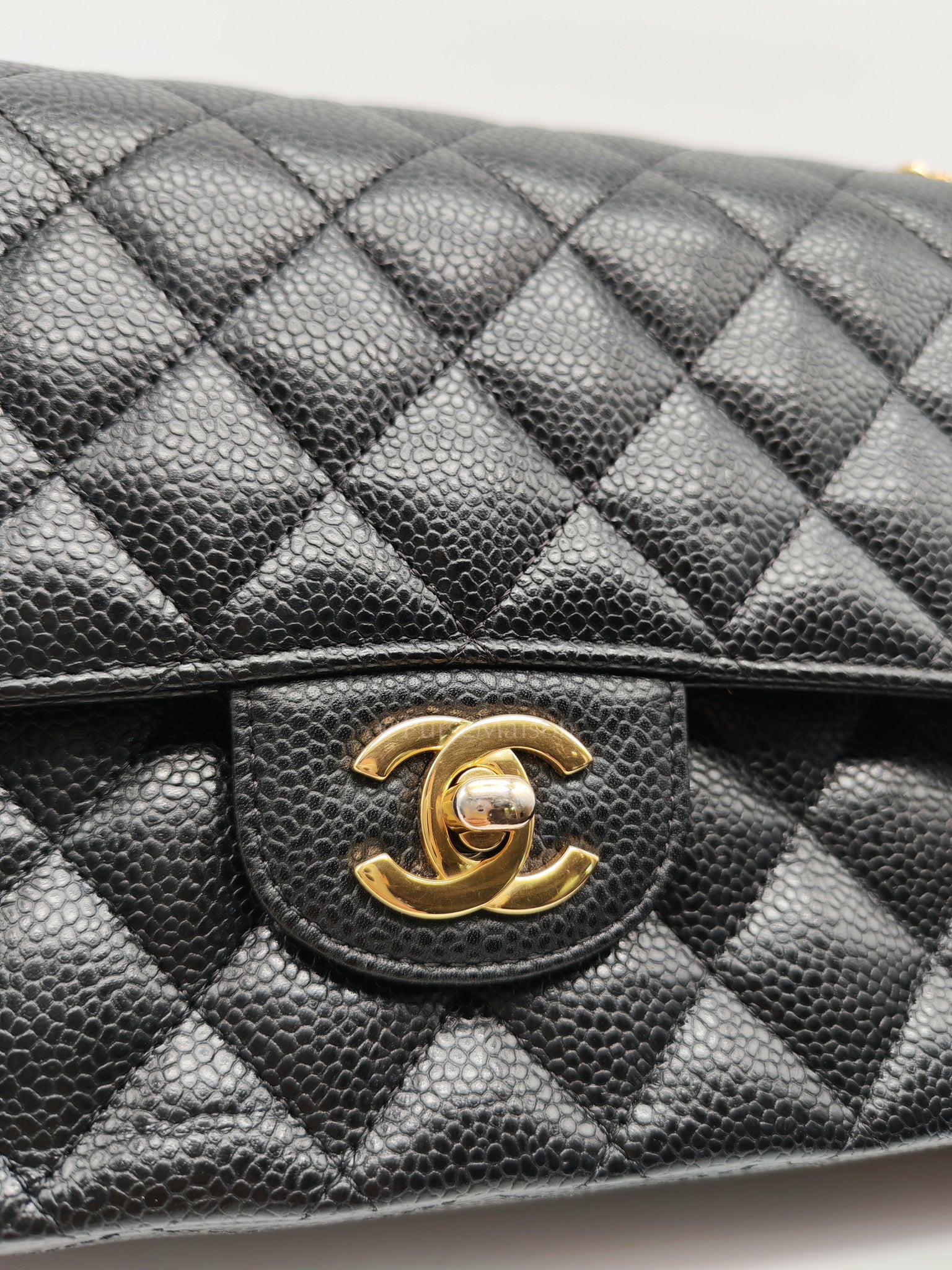 Classic Double Flap Medium in Black Quilted Caviar Leather and Gold Hardware Microchip