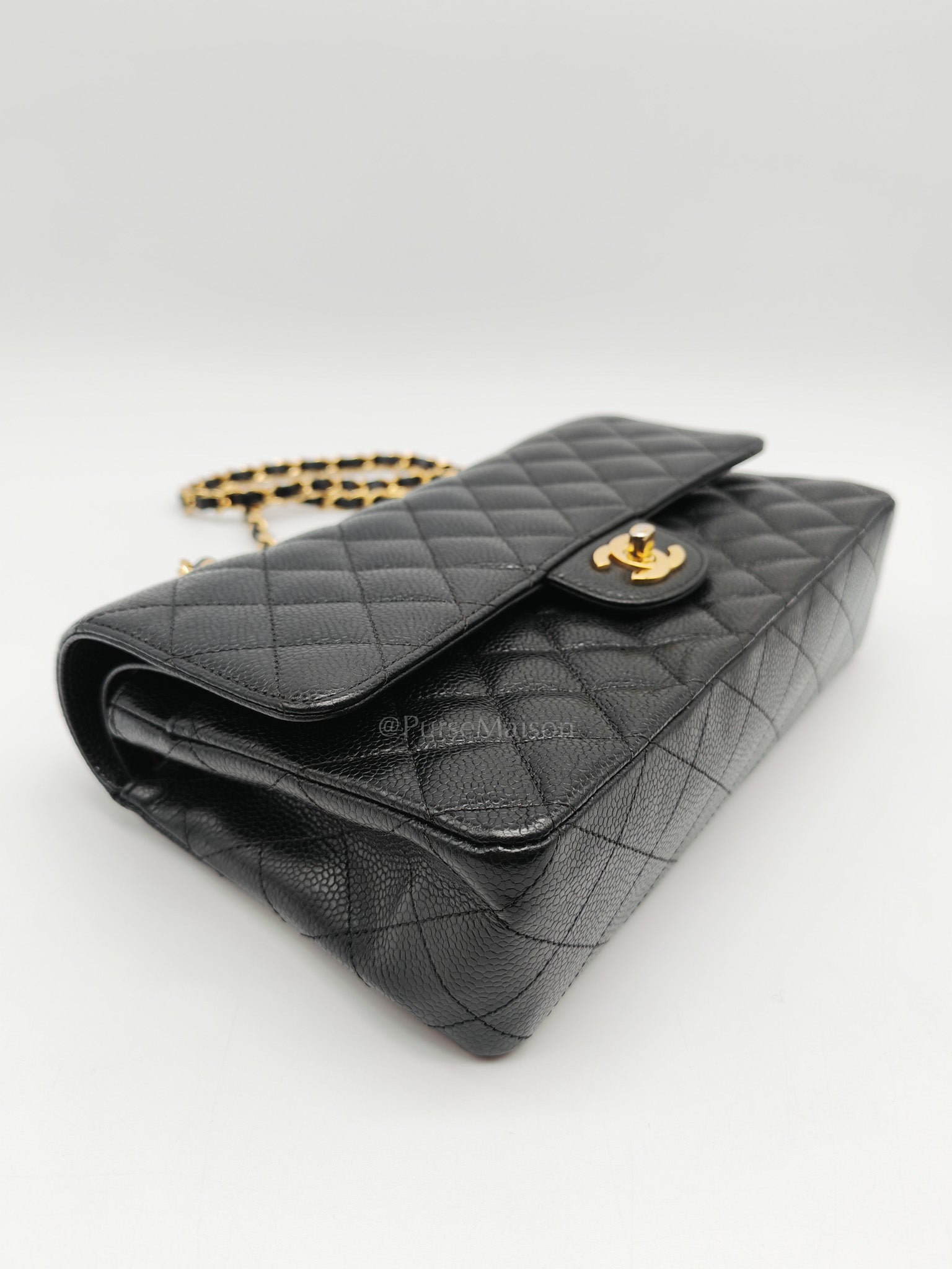 Classic Double Flap Medium in Black Quilted Caviar Leather and Gold Hardware Microchip