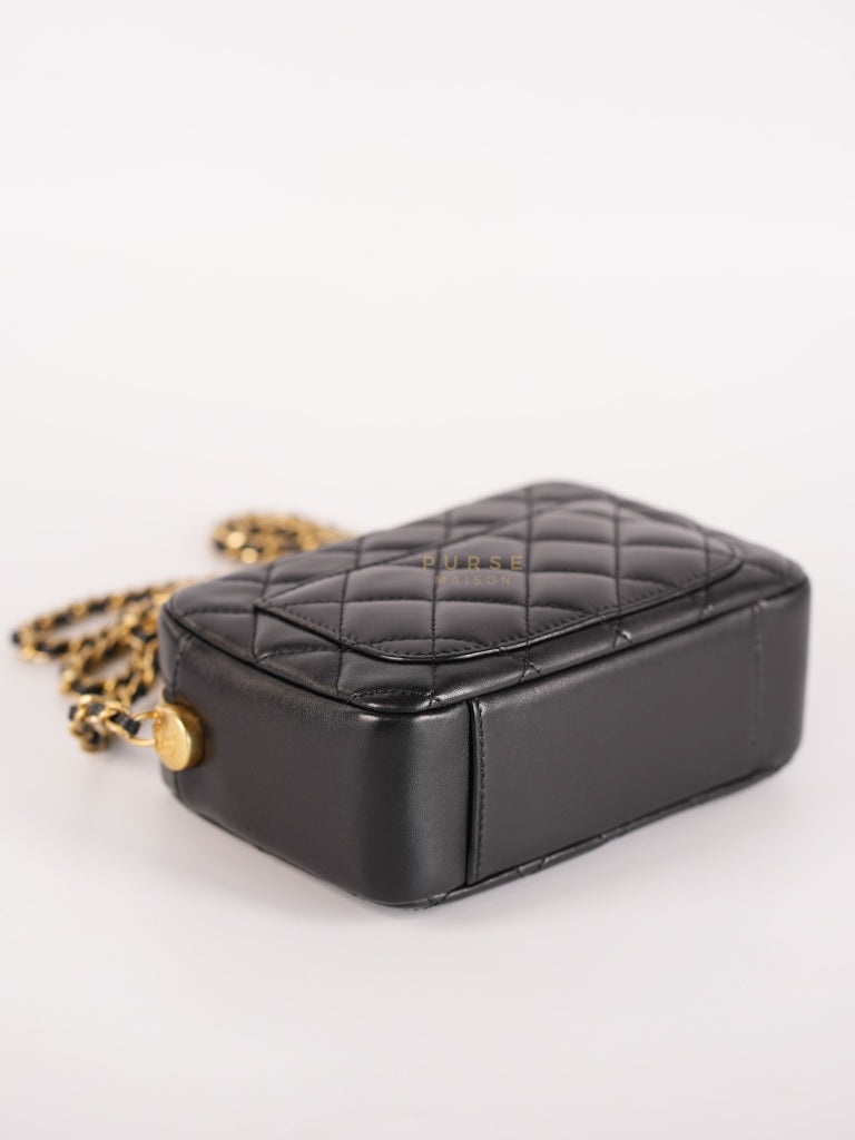 Mini Camera Bag Pearl Crush in Black Lambskin Leather and Aged Gold Hardware Microchip | Purse Maison Luxury Bags Shop