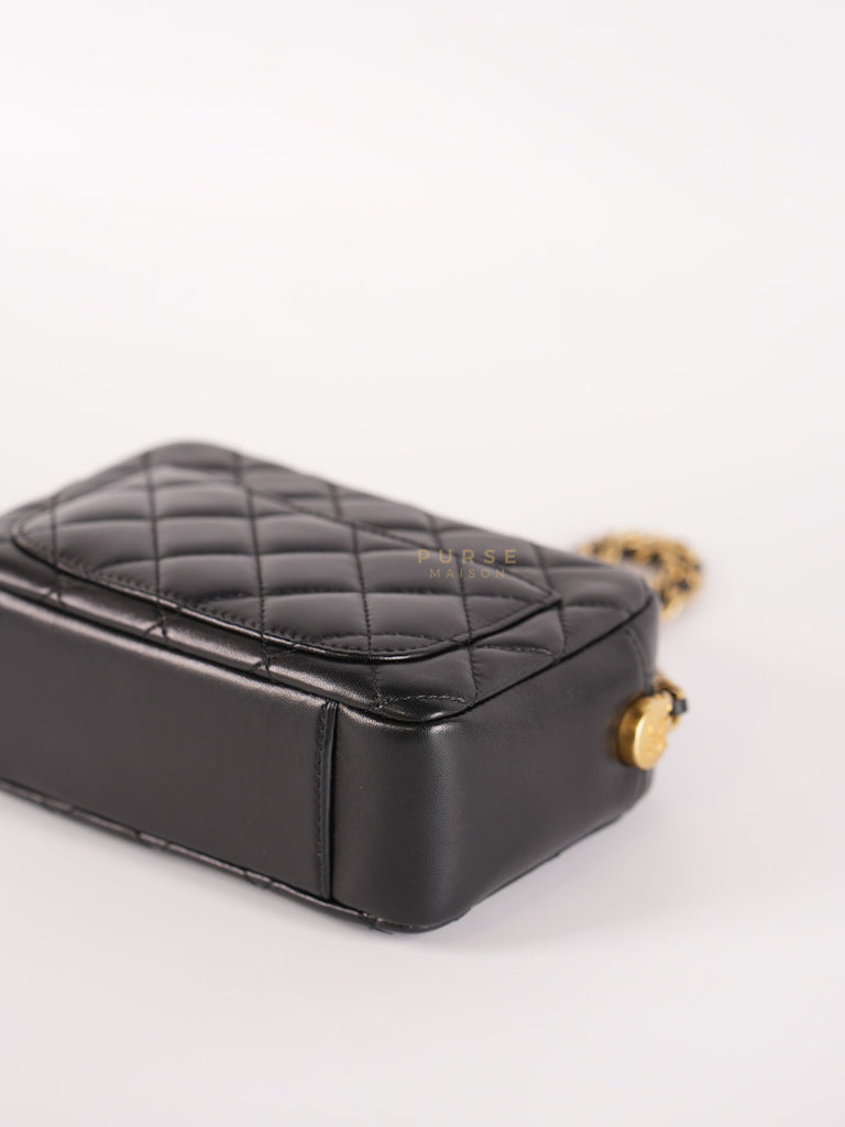 Mini Camera Bag Pearl Crush in Black Lambskin Leather and Aged Gold Hardware Microchip | Purse Maison Luxury Bags Shop