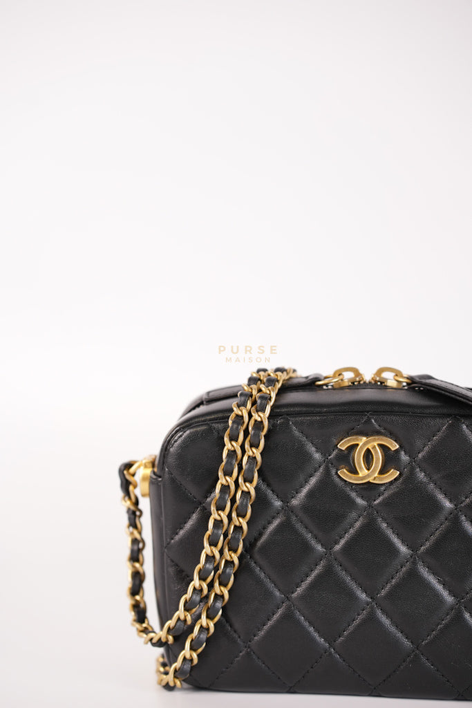 Mini Camera Bag Pearl Crush in Black Lambskin Leather and Aged Gold Hardware Microchip | Purse Maison Luxury Bags Shop