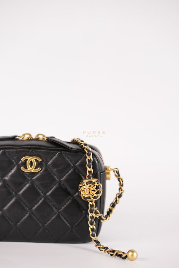 Mini Camera Bag Pearl Crush in Black Lambskin Leather and Aged Gold Hardware Microchip | Purse Maison Luxury Bags Shop