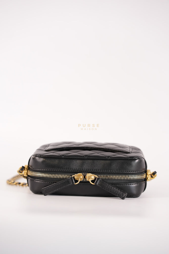 Mini Camera Bag Pearl Crush in Black Lambskin Leather and Aged Gold Hardware Microchip | Purse Maison Luxury Bags Shop