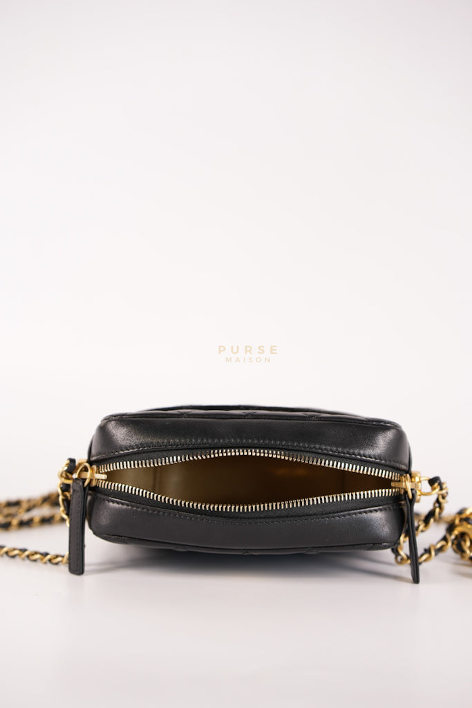 Mini Camera Bag Pearl Crush in Black Lambskin Leather and Aged Gold Hardware Microchip | Purse Maison Luxury Bags Shop